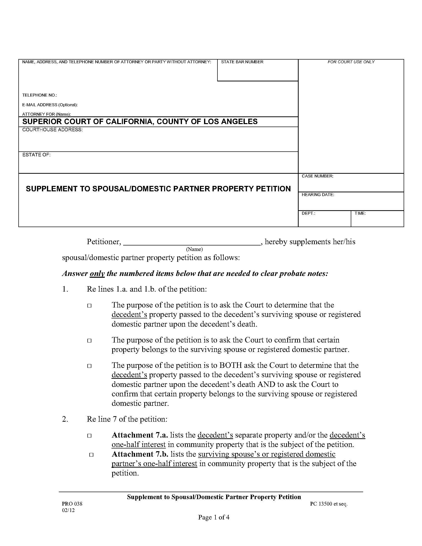 Supplement To Spousal-Domestic Partner Property Petition {PRO 038} | Pdf Fpdf Doc Docx | California