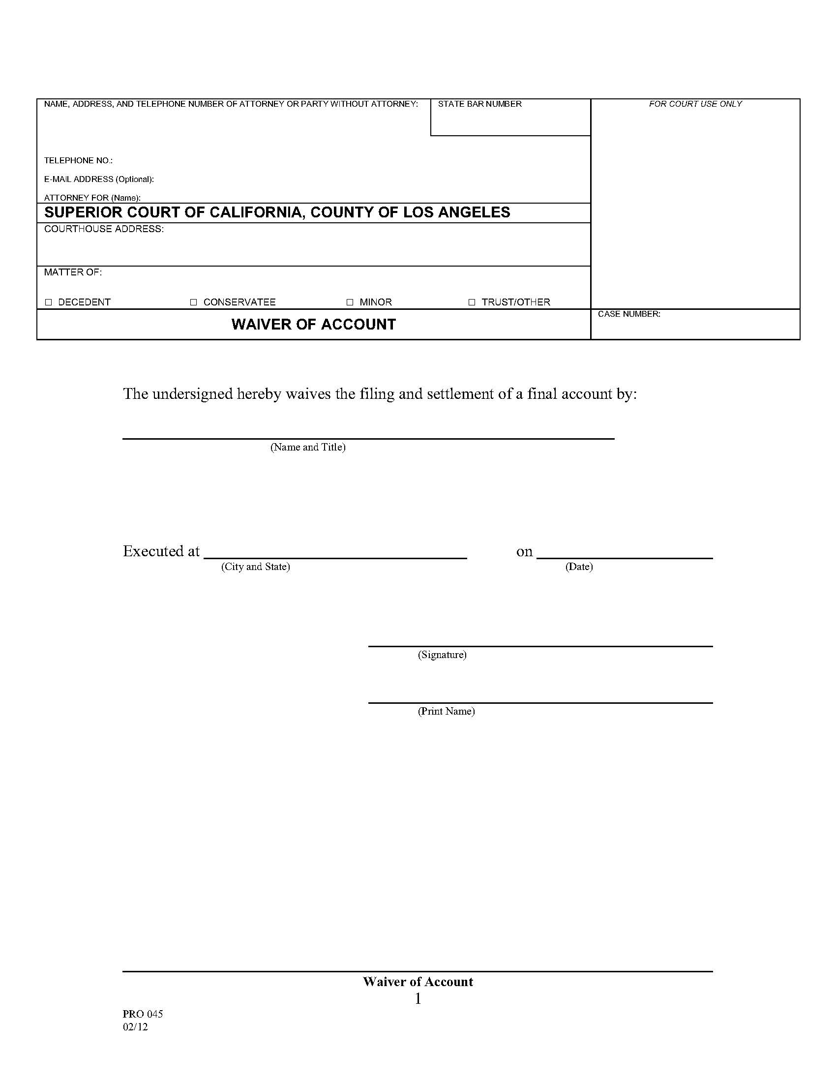 Waiver Of Account {PRO 045} | Pdf Fpdf Doc Docx | California