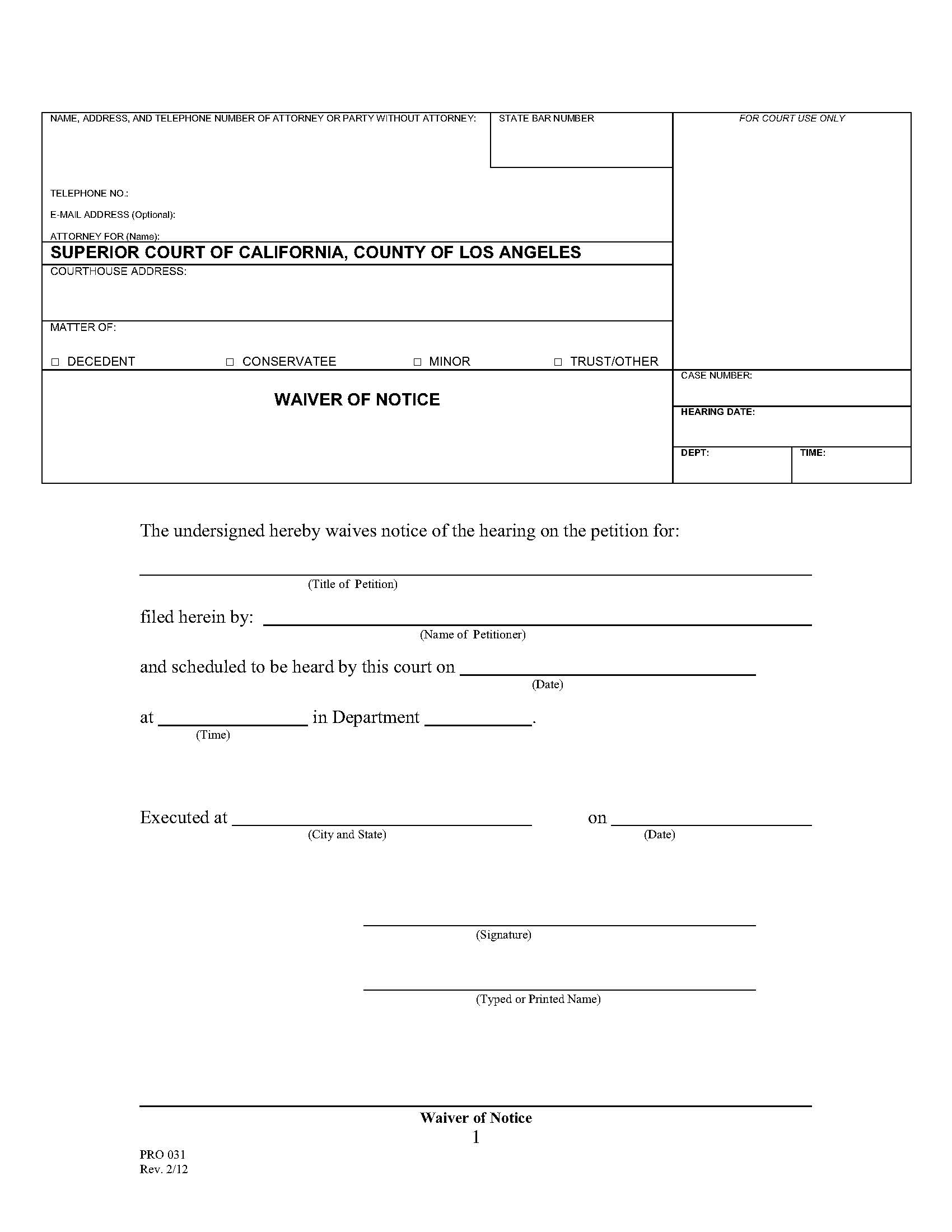 Waiver Of Notice {PRO 031} | Pdf Fpdf Doc Docx | California