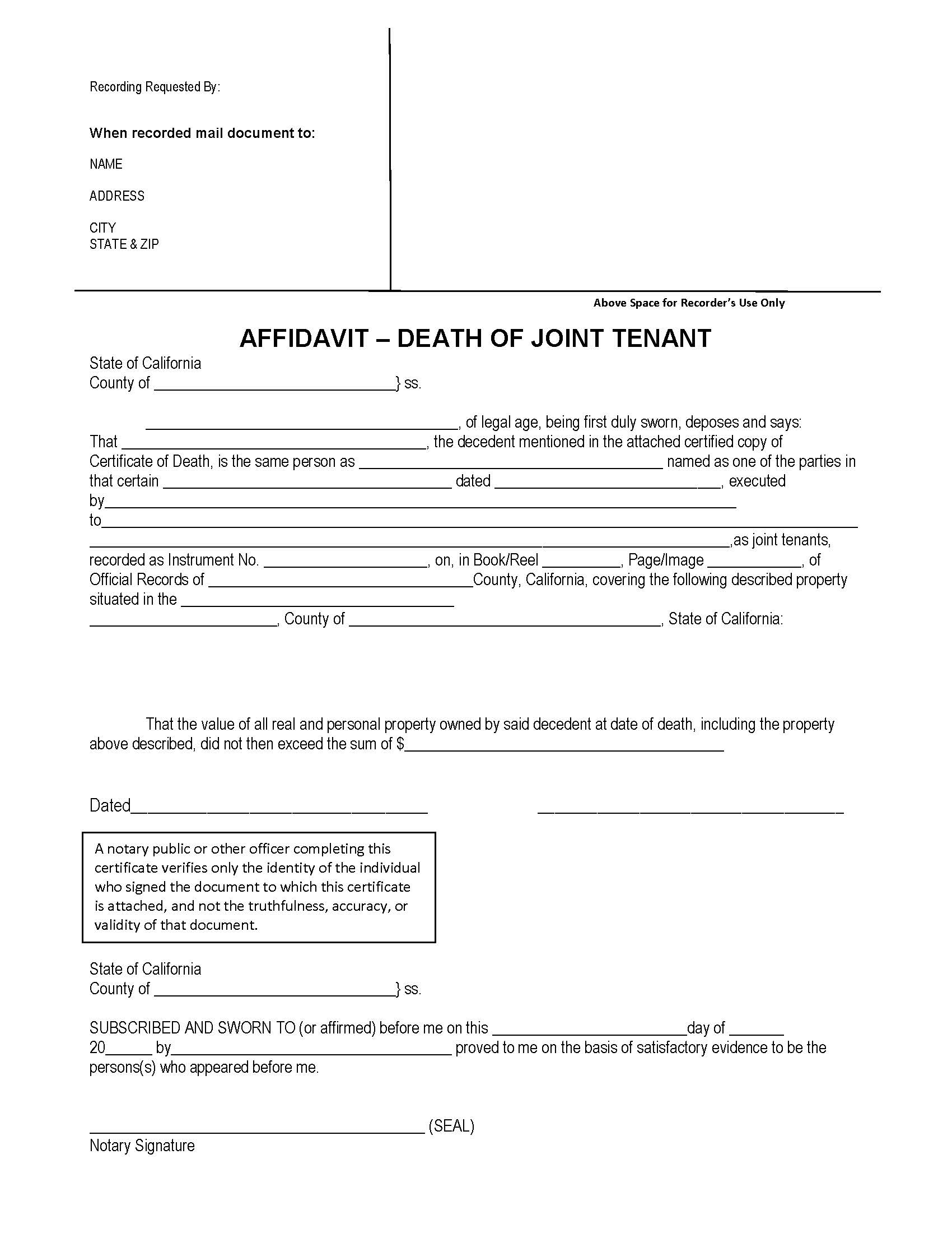 Affidavit Of Death Of Joint Tenant (Los Angeles) | Pdf Fpdf Doc Docx | California