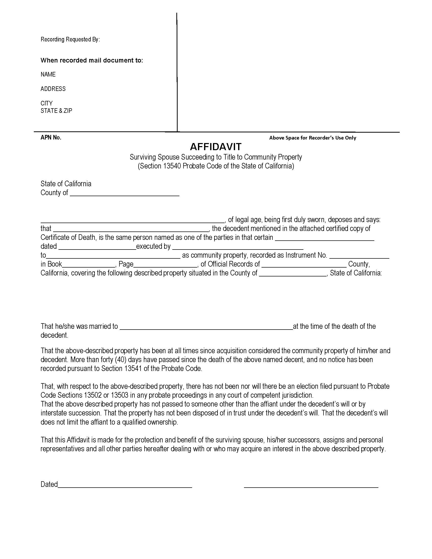 Affidavit Surviving Spouse Succeeding To Title To Community Property (Los Angeles) | Pdf Fpdf Doc Docx | California