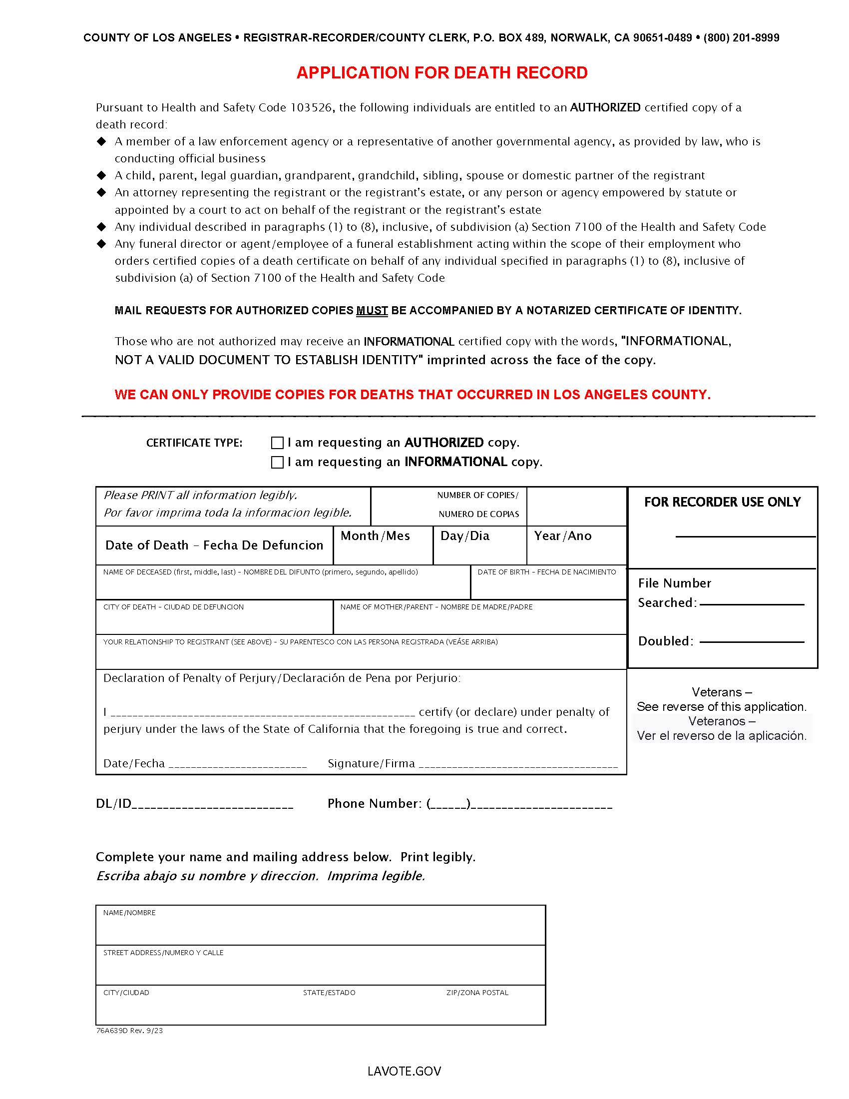 Application For Death Record (Los Angeles) {76A639D} | Pdf Fpdf Doc Docx | California