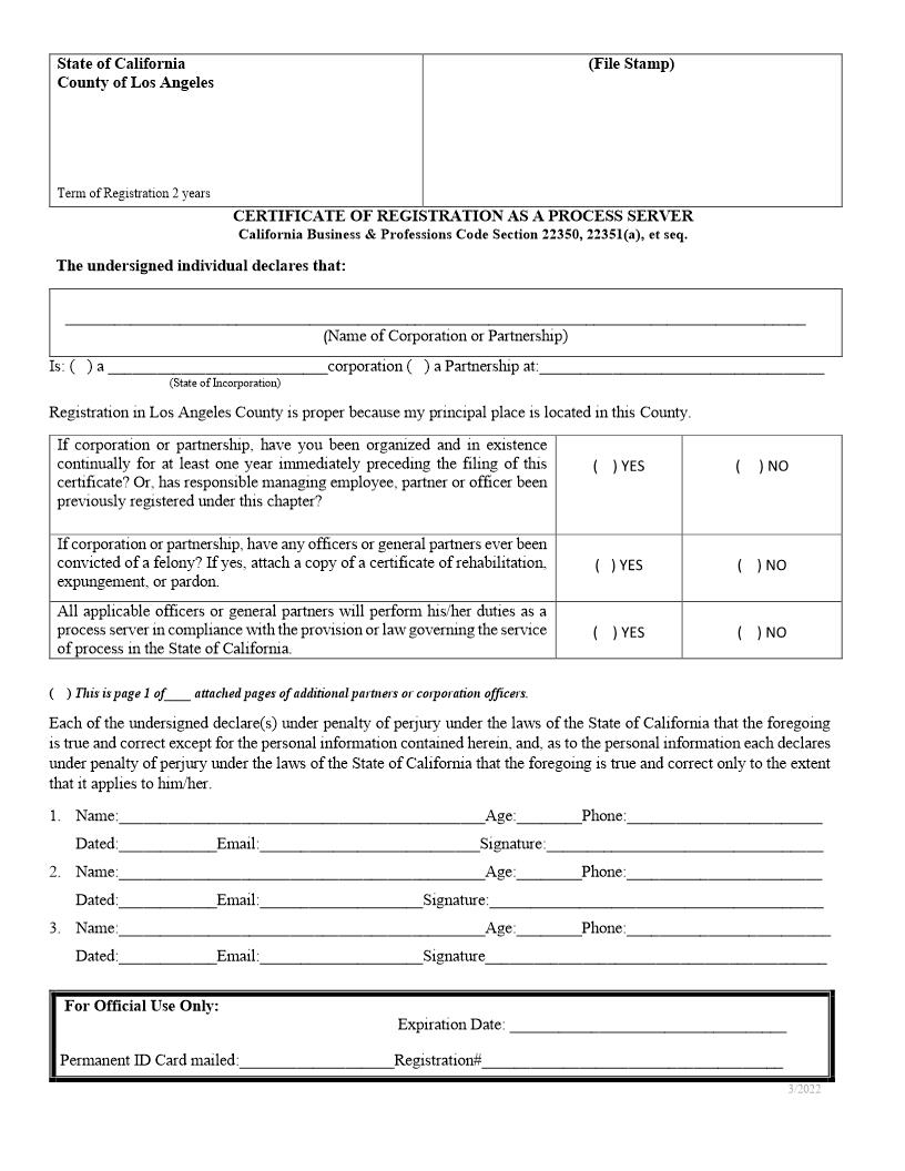 Certificate Of Registration As Process Server (Corporation) (Los Angeles) | Pdf Fpdf Doc Docx | California