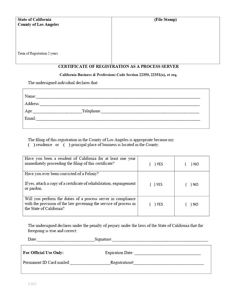 Certificate Of Registration As Process Server (Individual) (Los Angeles) | Pdf Fpdf Doc Docx | California