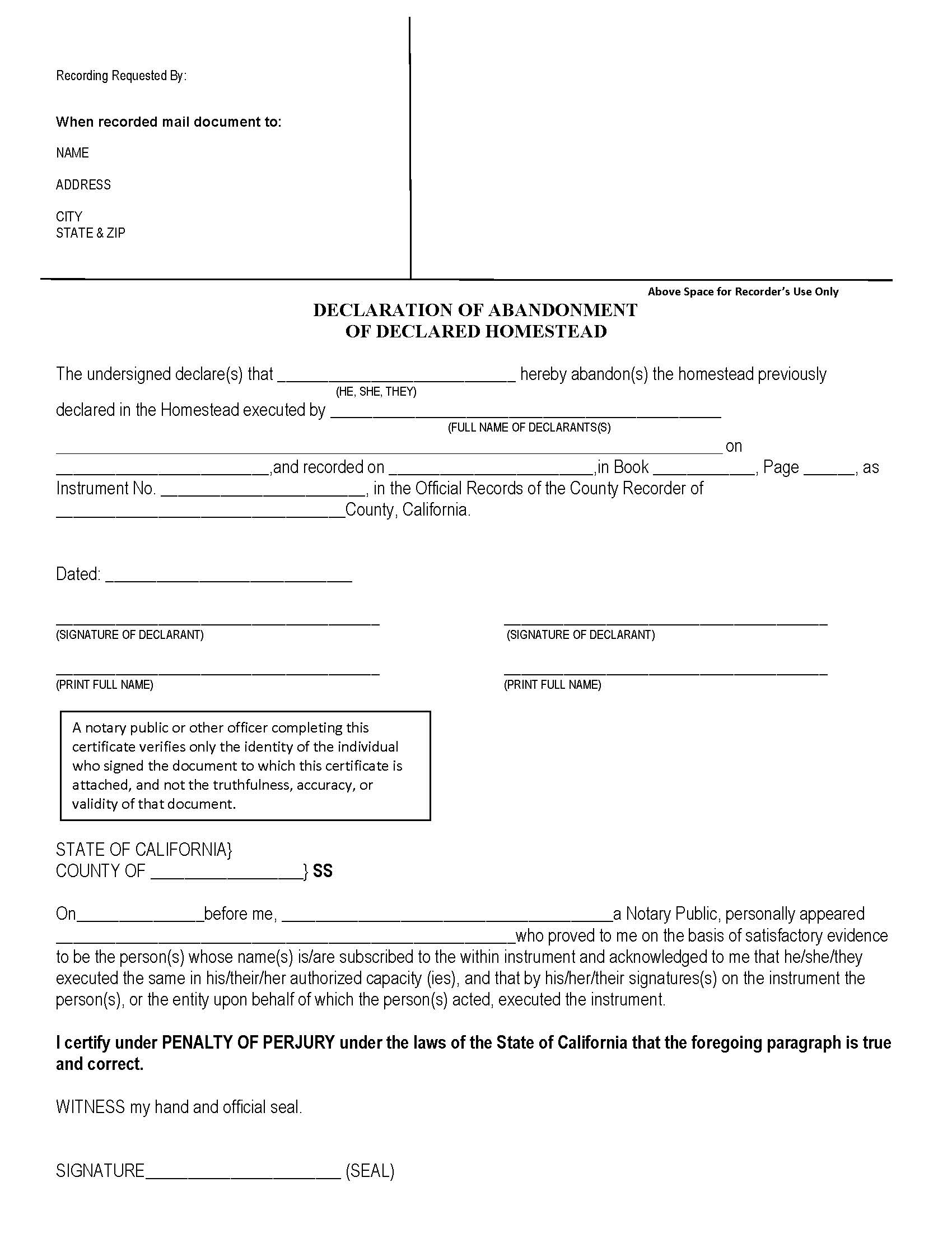 Declaration Of Abandonment Of Declared Homestead (Los Angeles) | Pdf Fpdf Doc Docx | California