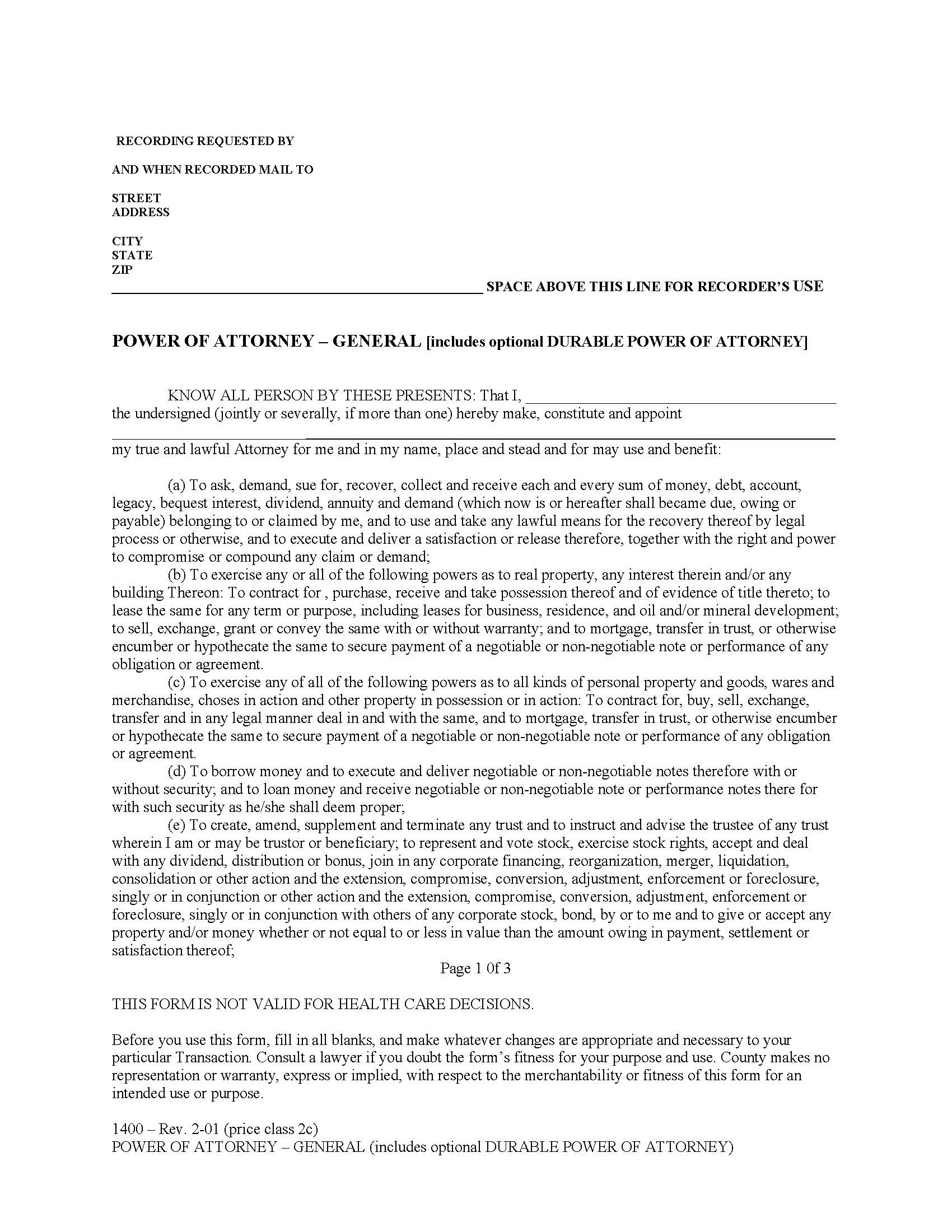 Power Of Attorney General (Includes Durable Power Of Attorney) (Los Angeles) | Pdf Fpdf Doc Docx | California