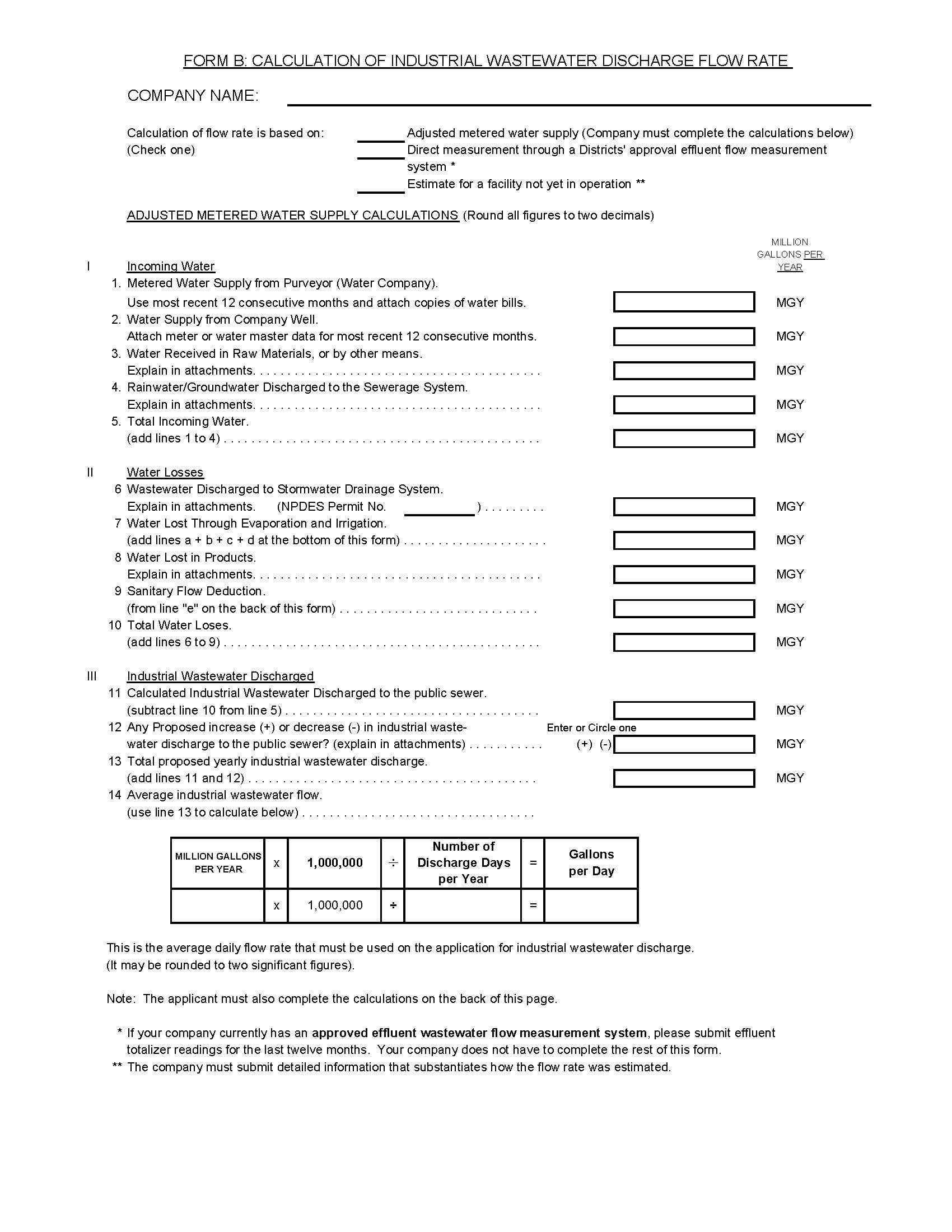 Form B Calculation Of Industrial Wastewater Discharge Flow Rate | Pdf Fpdf Doc Docx | California
