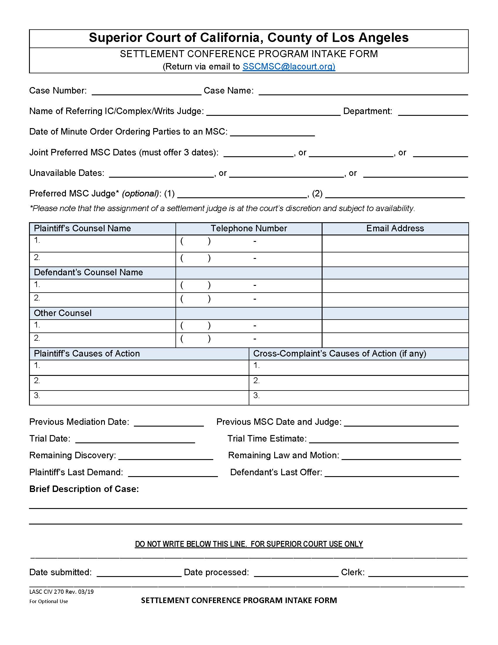 Settlement Conference Program Intake Form {LACIV270} | Pdf Fpdf Docx | California