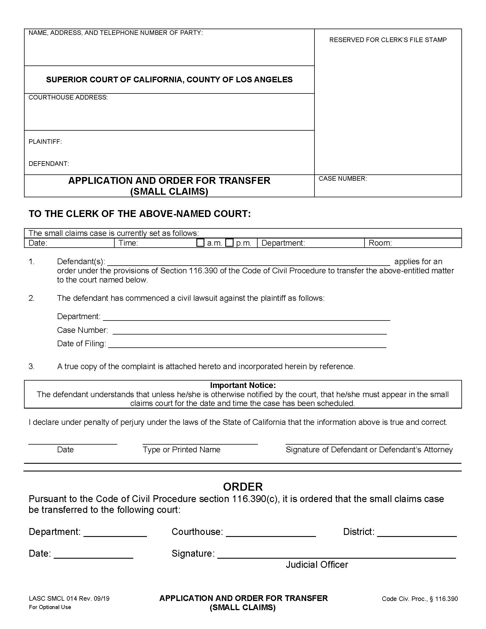 Application And Order For Transfer (Small Claims) {SCLA014} | Pdf Fpdf Doc Docx | California