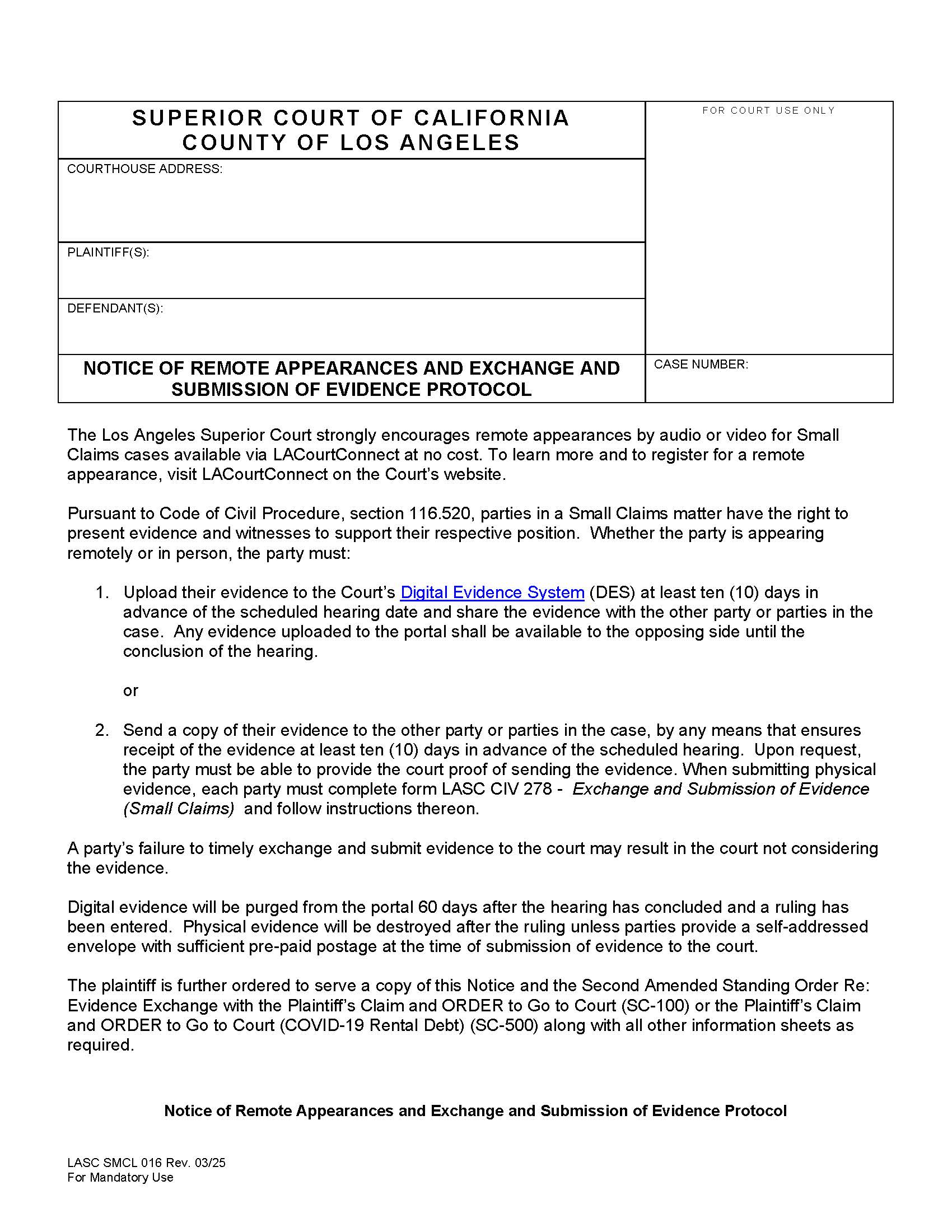 Notice Of Remote Appearances And Exchanges Of Evidence Protocol {SMCL016} | Pdf Fpdf Docx | California