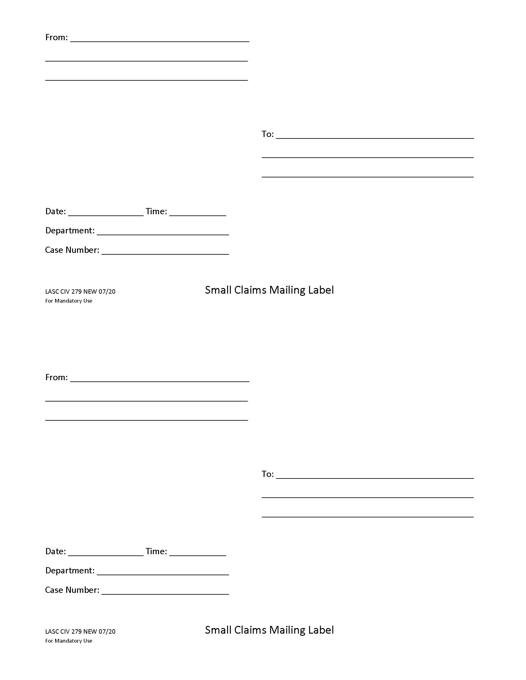 Small Claims Mailing Label {LACIV279} | Pdf Fpdf Docx | California