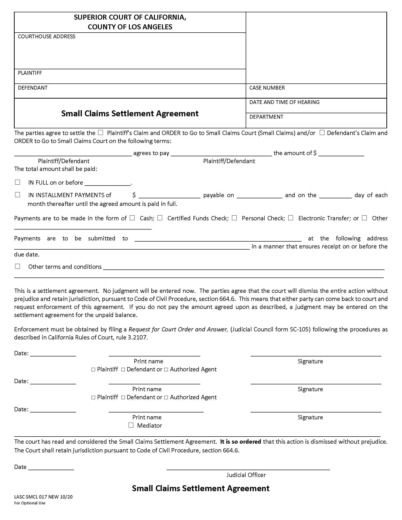 Small Claims Settlement Agreement {SMCL017} | Pdf Fpdf Docx | California
