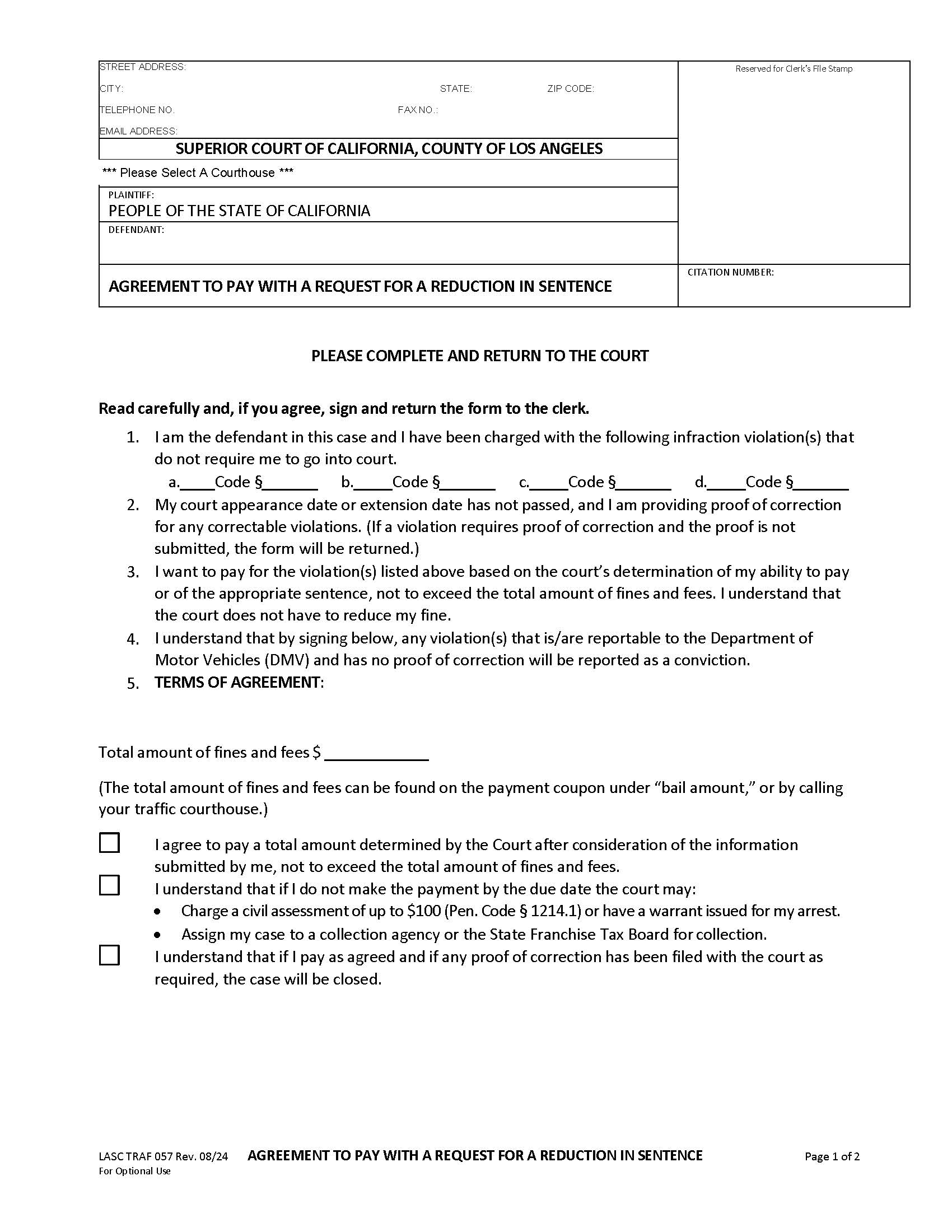 Agreement To Pay With A Request For A Reduction In Sentence {TRAF057} | Pdf Fpdf Docx | California