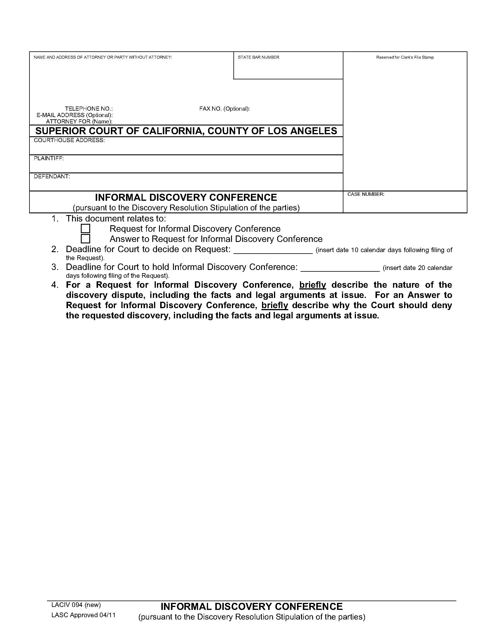 Informal Discovery Conference {LACIV 094} | Pdf Fpdf Doc Docx | California