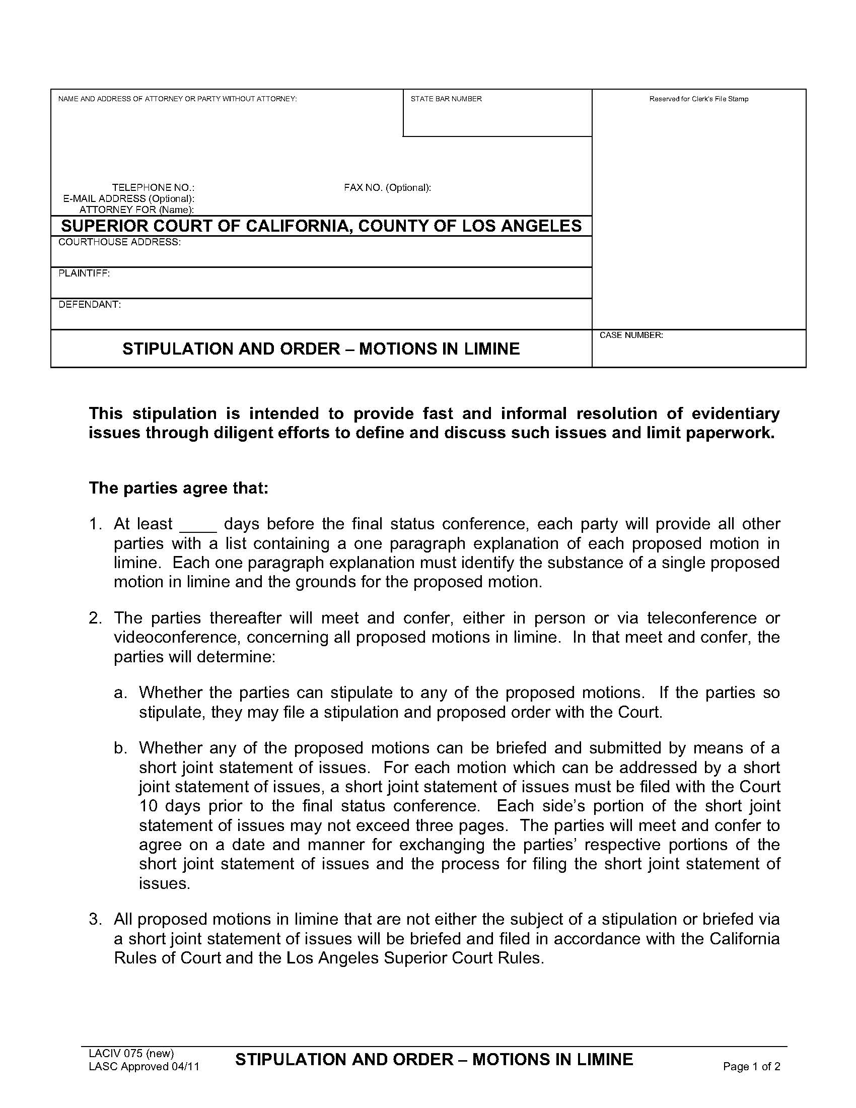 Stipulation And Order-Motions In Limine {LACIV 075} | Pdf Fpdf Doc Docx | California