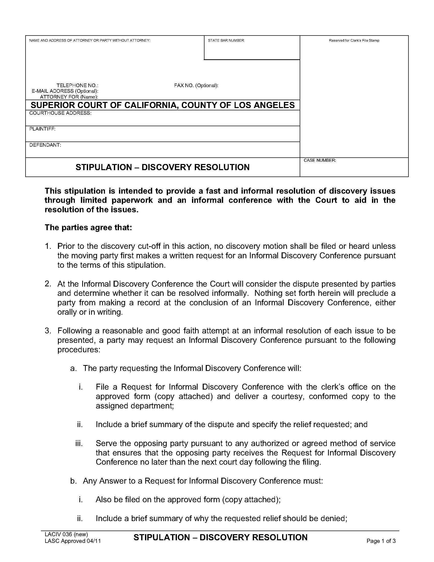 Stipulation-Discovery Resolution {LACIV 036} | Pdf Fpdf Doc Docx | California