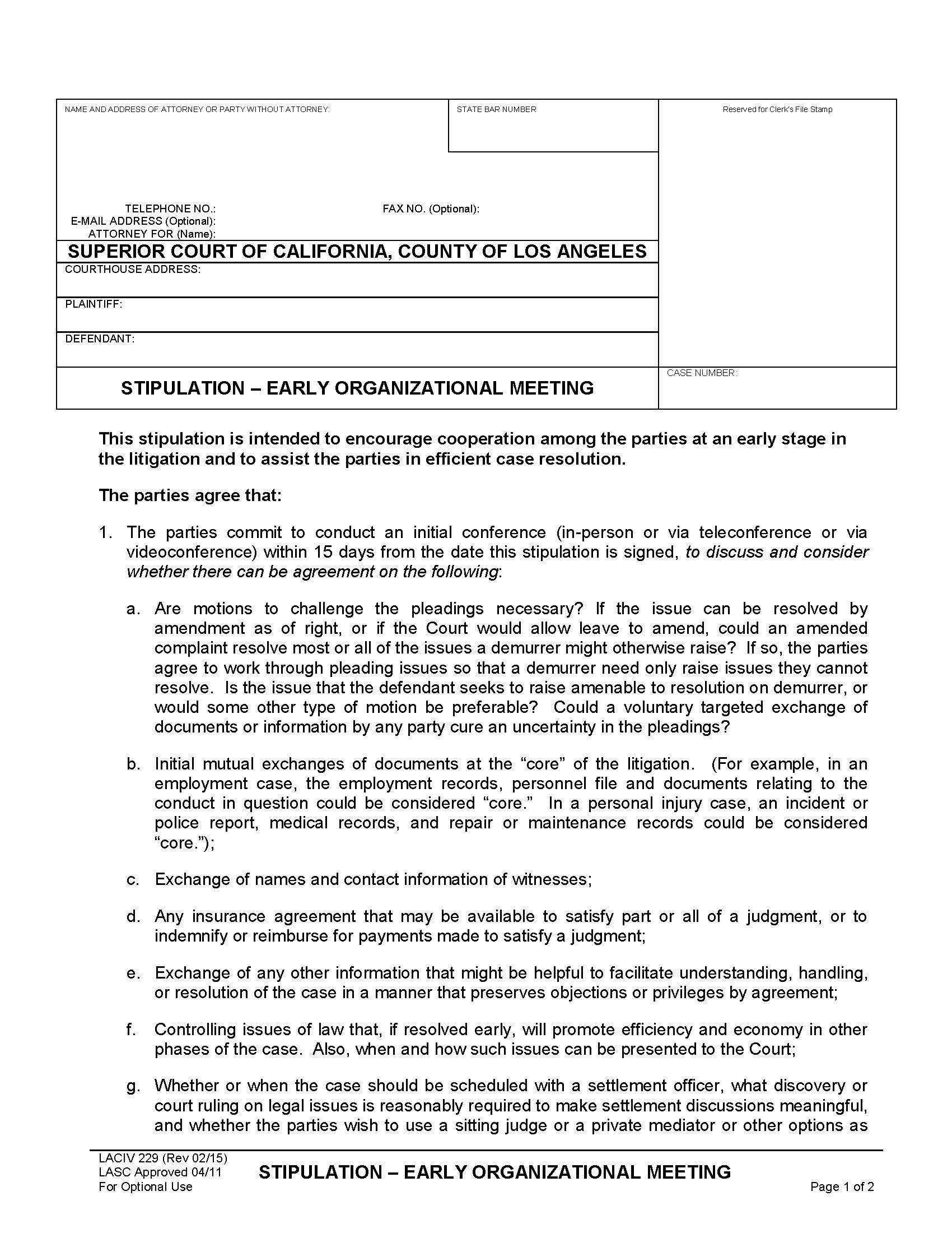 Stipulation-Early Organizational Meeting {LACIV 229} | Pdf Fpdf Doc Docx | California
