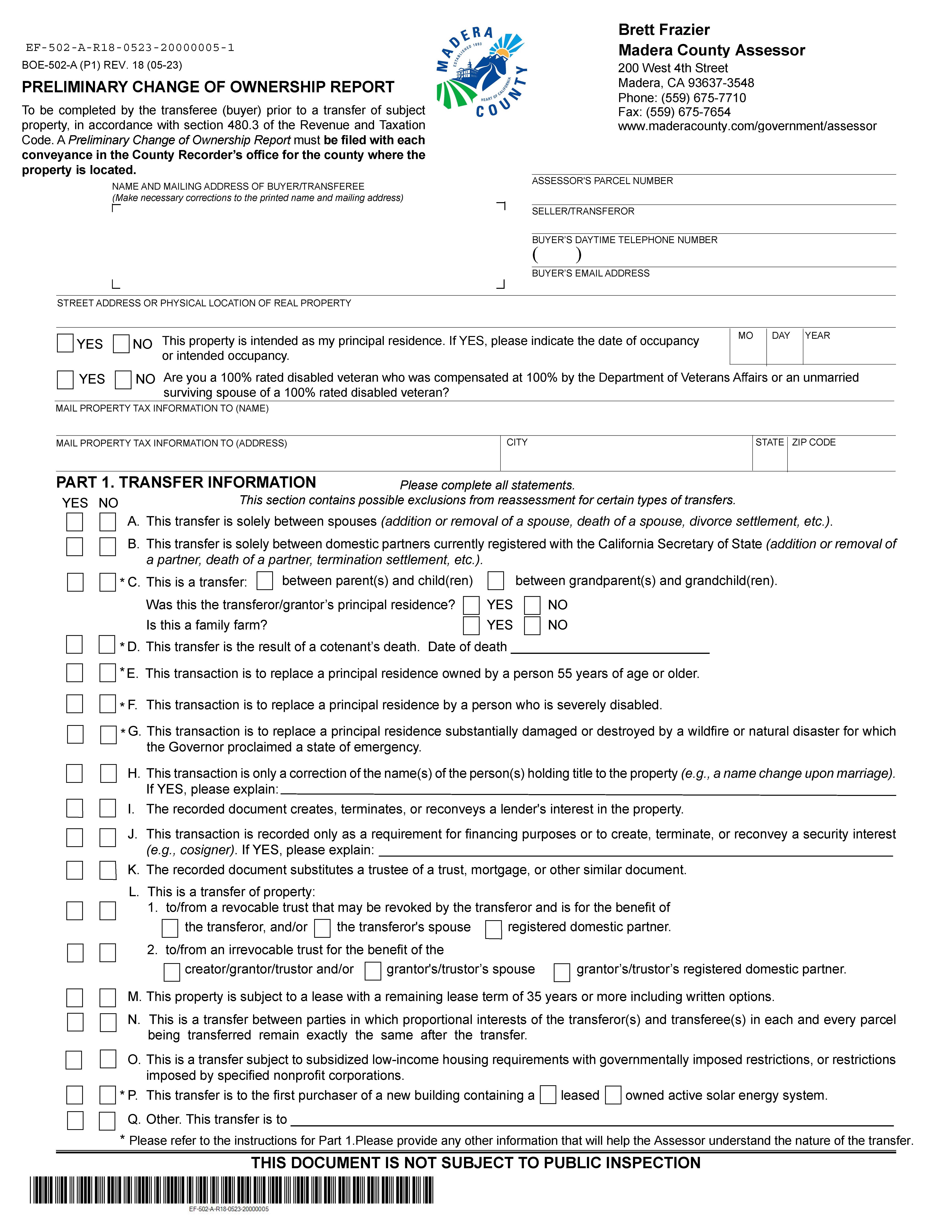 Preliminary Change Of Ownership Report (Madera) {BOE-502-A} | Pdf Fpdf Docx | California