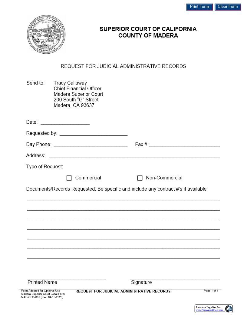 Request For Judicial Administrative Records {MAD-CFO-0001} | Pdf Fpdf Docx | California