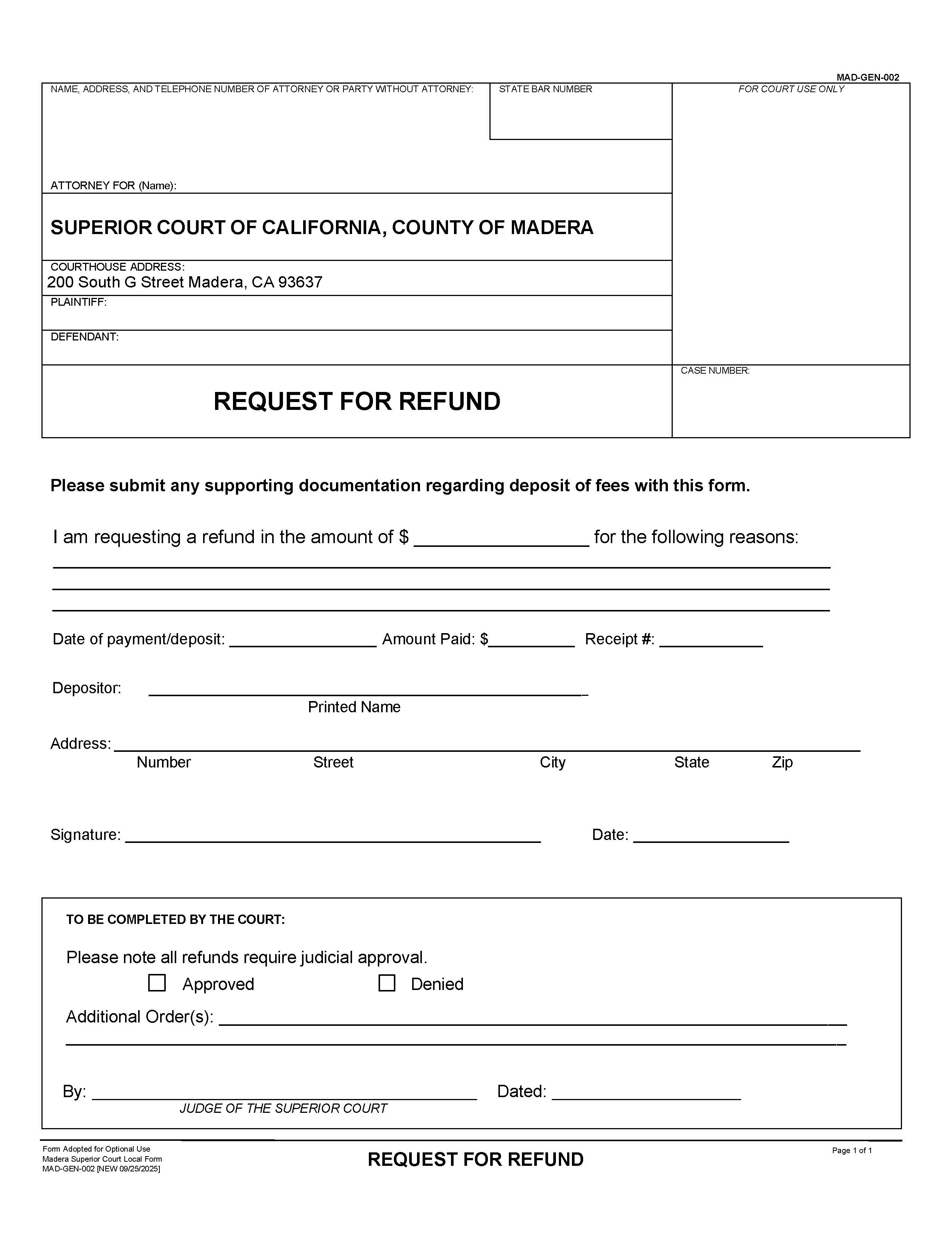 Request For Refund Form {MAD-GEN-002} | Pdf Fpdf Docx | California