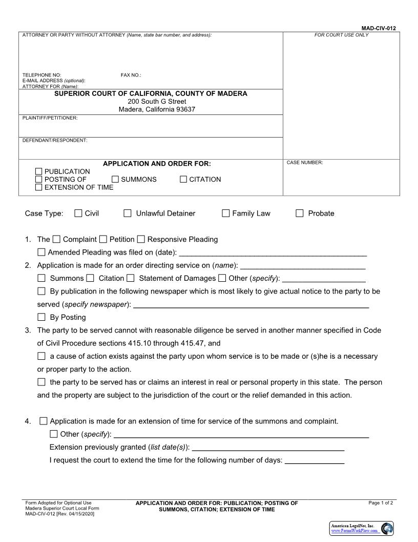 Application And Order For Publication-Posting Of Summons-Citation-Extension Of Time {MAD-CIV-0012} | Pdf Fpdf Docx | California