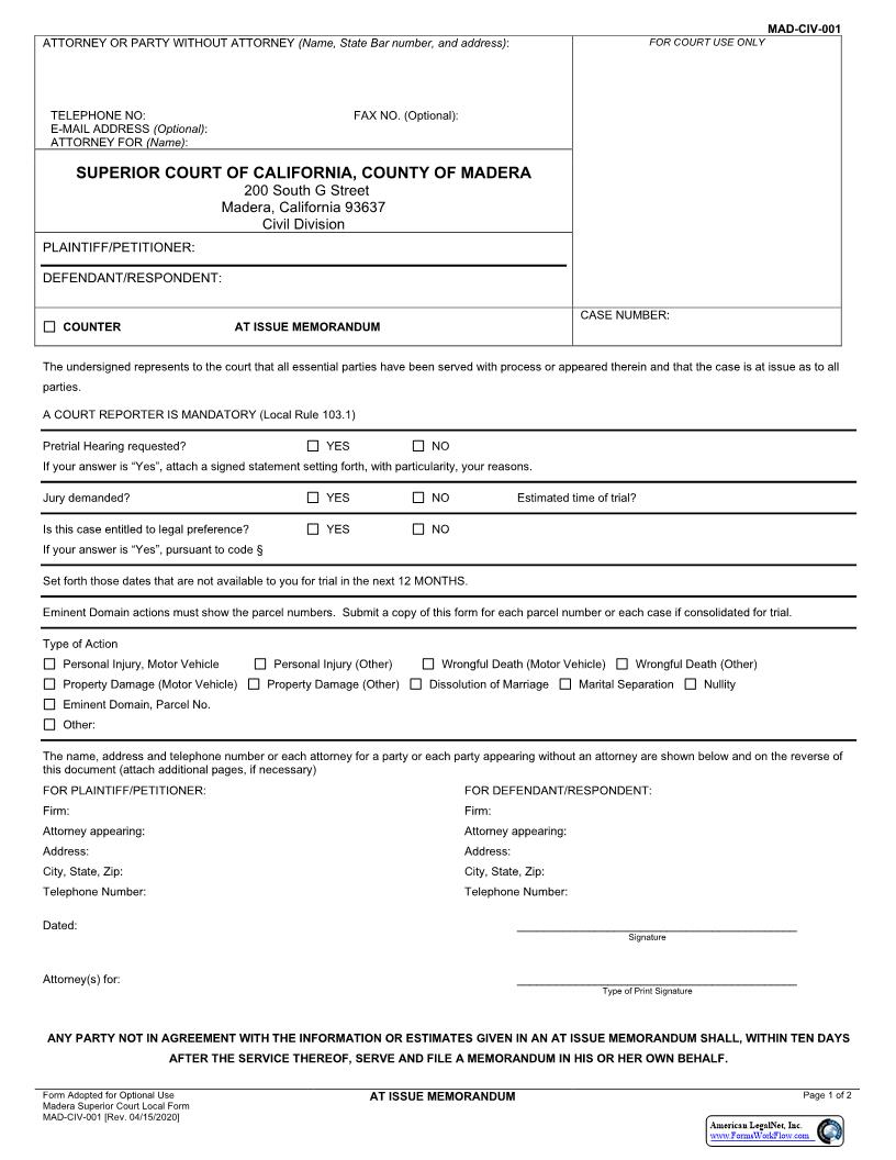 At Issue Memorandum {MAD-CIV-0001} | Pdf Fpdf Docx | California