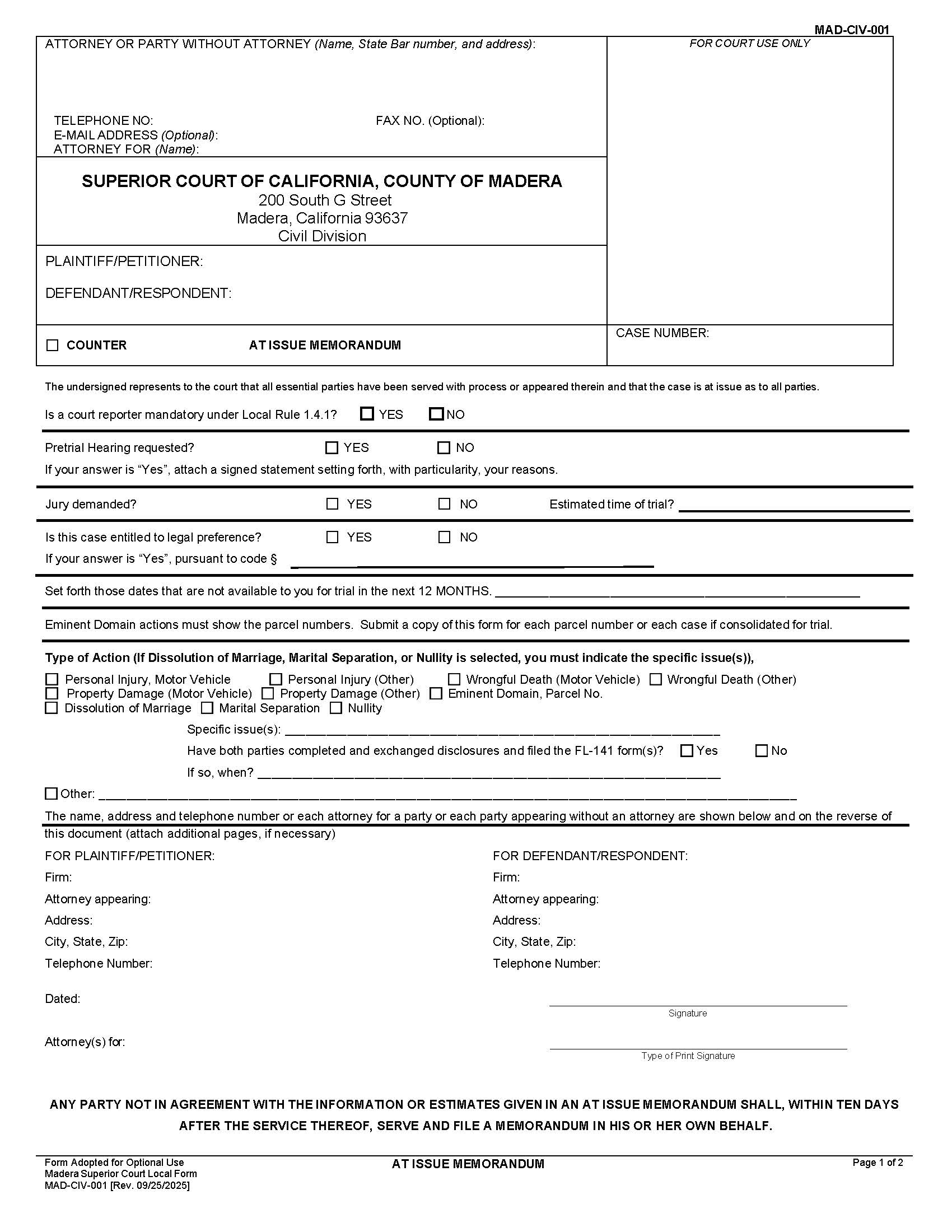 At Issue Memorandum {MAD-CIV-0001} | Pdf Fpdf Docx | California