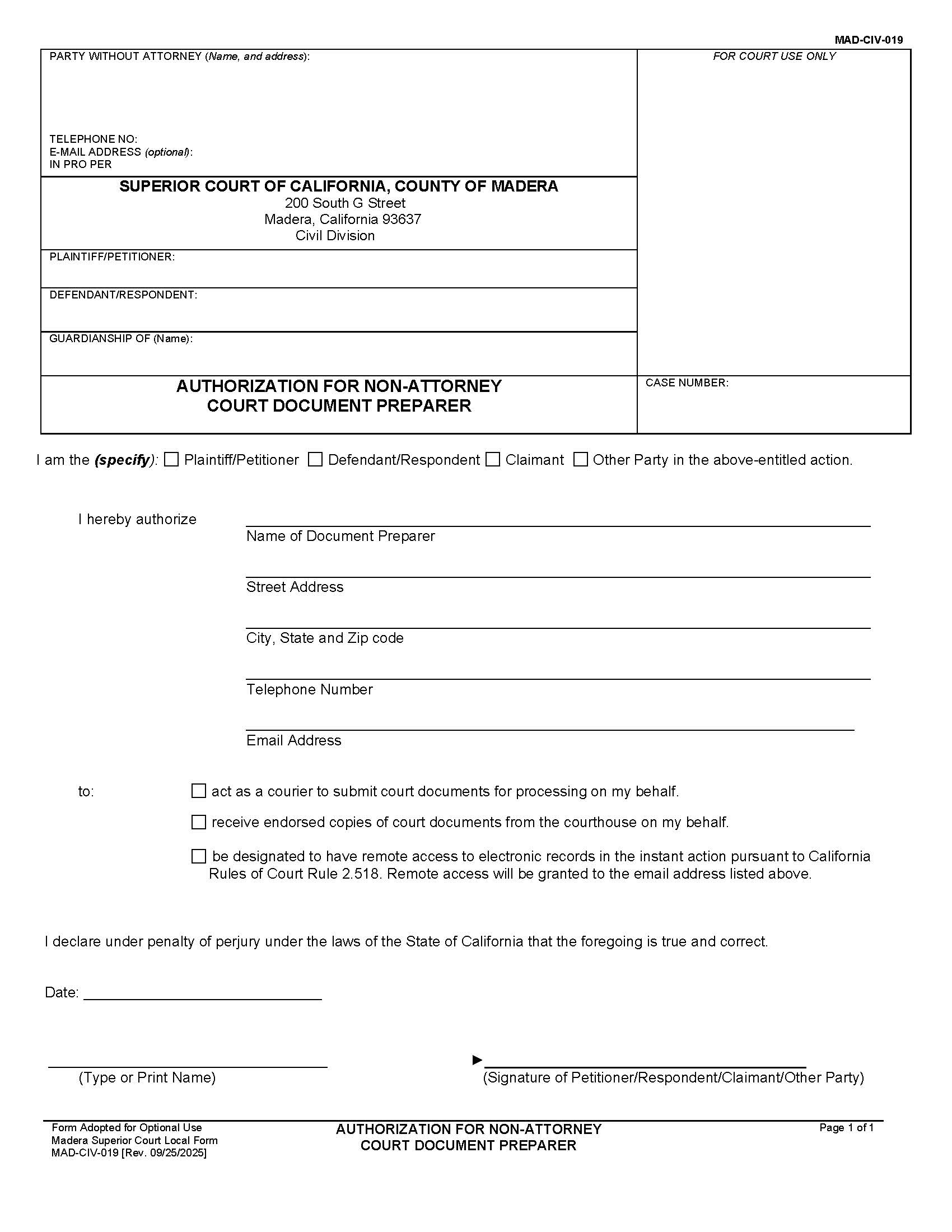 Authorization For Non-Attorney Court Document Preparer {MAD-CIV-019} | Pdf Fpdf Docx | California