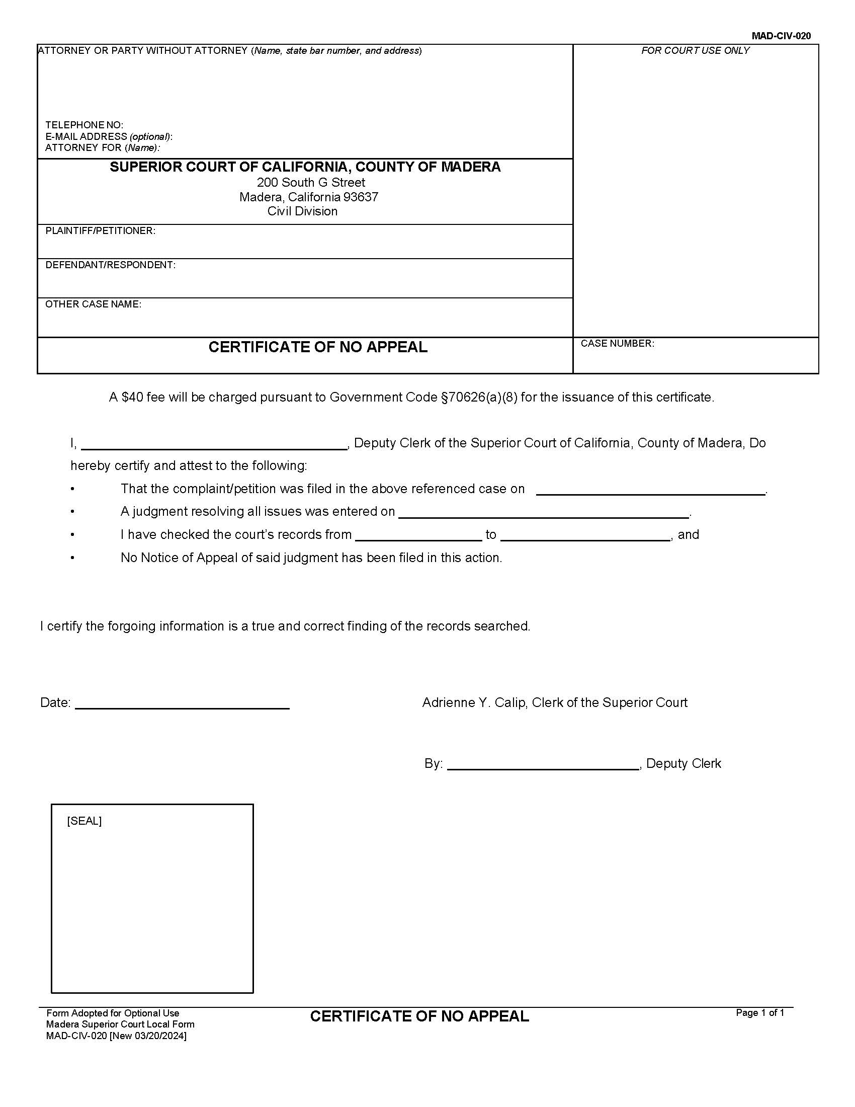 Certificate Of No Appeal {MAD-CIV-020} | Pdf Fpdf Docx | California