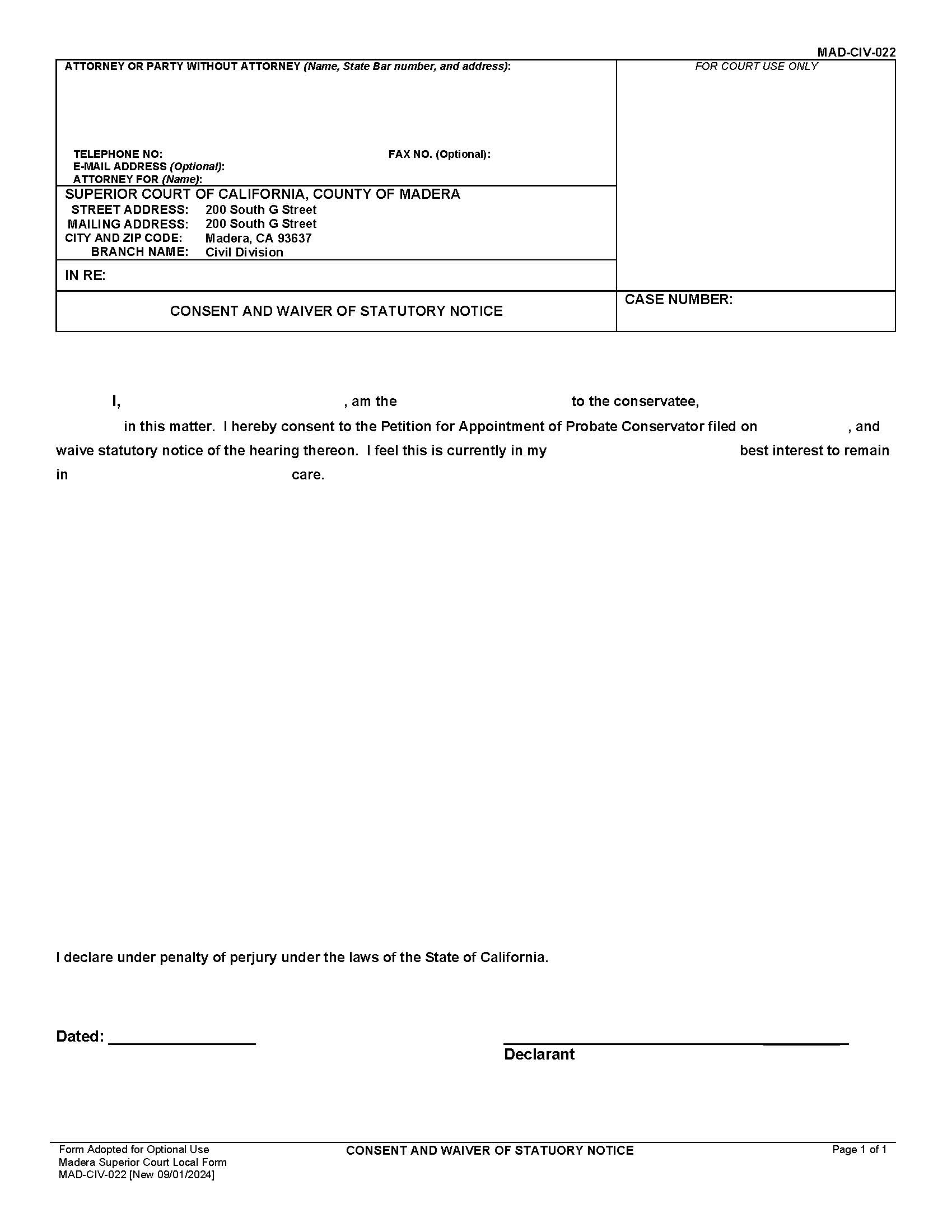Consent And Waiver Of Statutory Notice {MAD-CIV-022} | Pdf Fpdf Docx | California