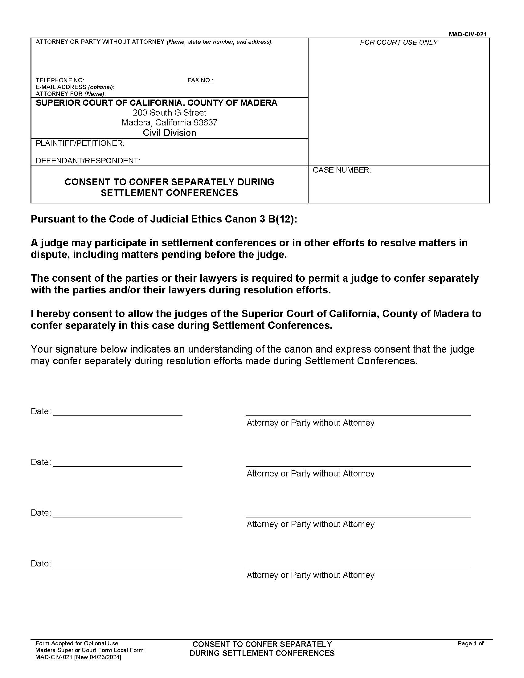 Consent To Confer Separately During Settlement Conferences {MAD-CIV-021} | Pdf Fpdf Docx | California