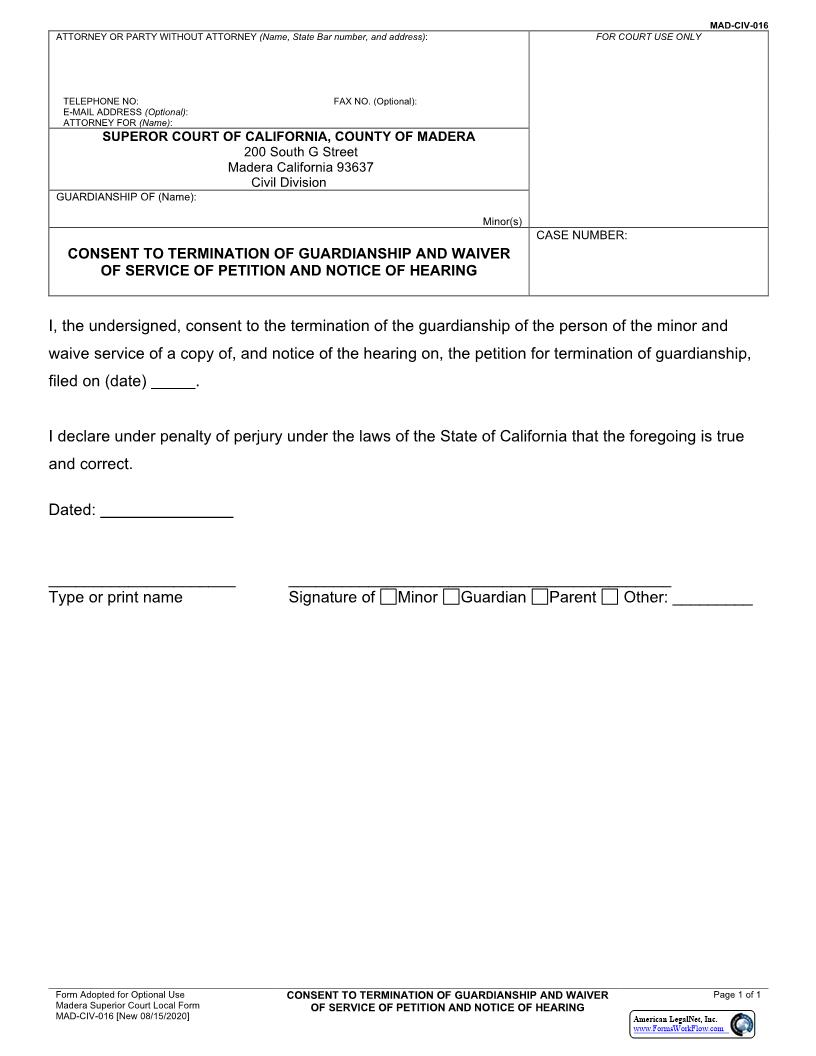 Consent To Termination And Waiver Of Service {MAD-CIV-016} | Pdf Fpdf Docx | California