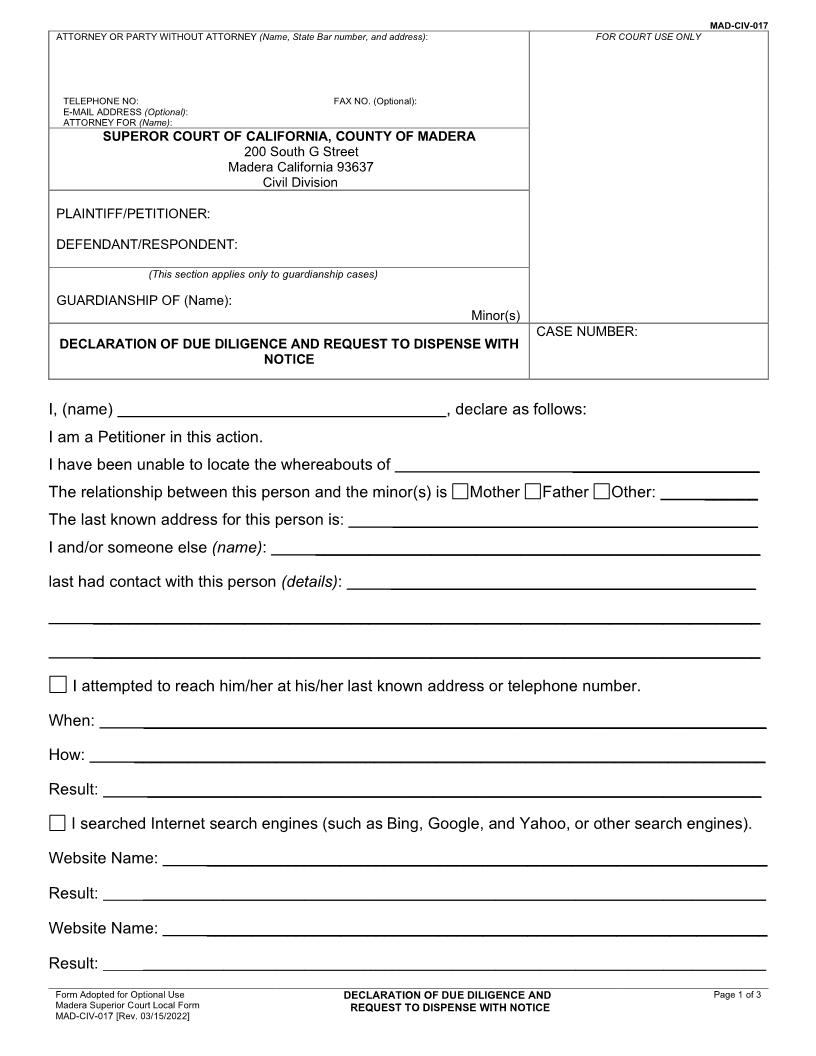 Declaration Of Due Diligence And Request To Dispense With Notice {MAD-CIV-017} | Pdf Fpdf Docx | California
