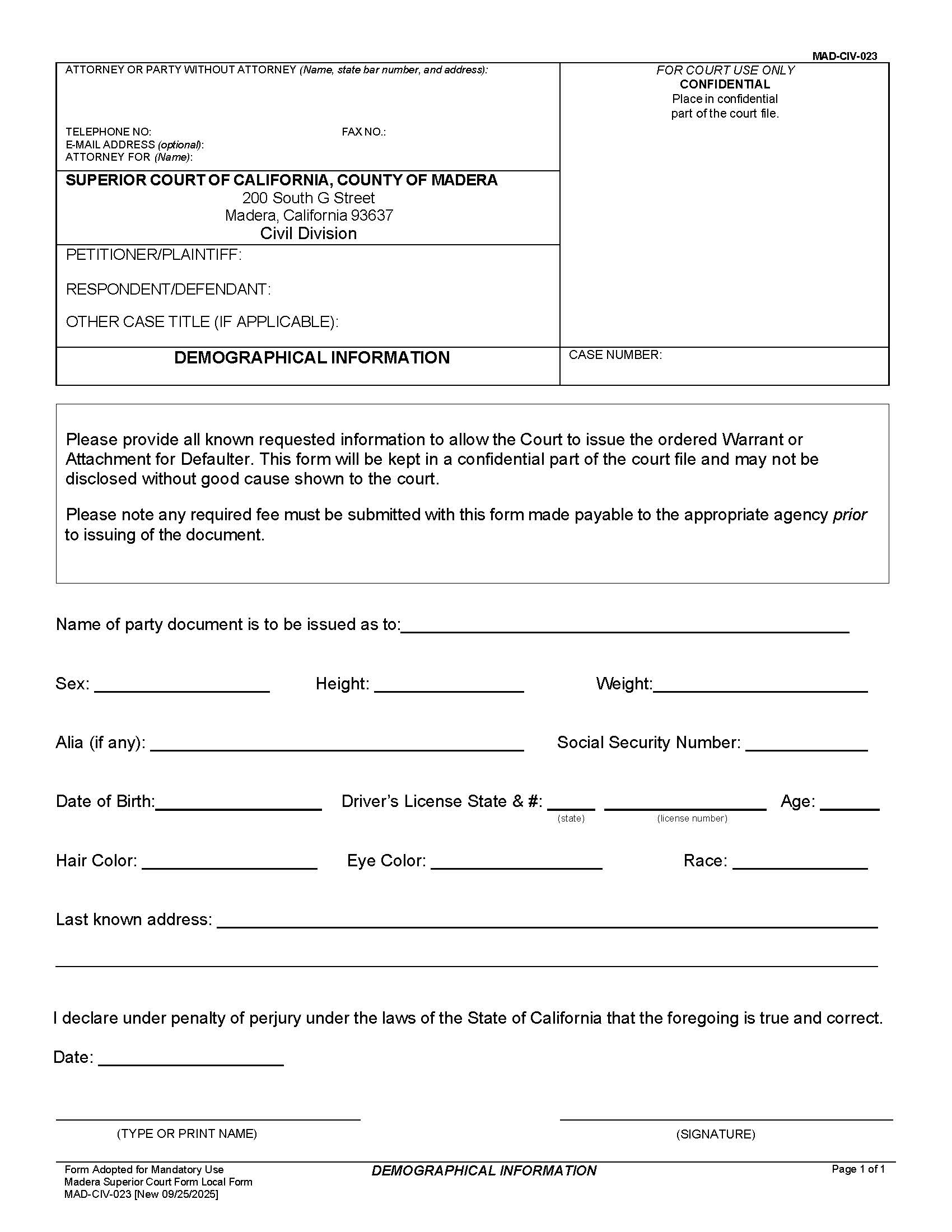 Demographical Information {MAD-CIV-023} | Pdf Fpdf Docx | California