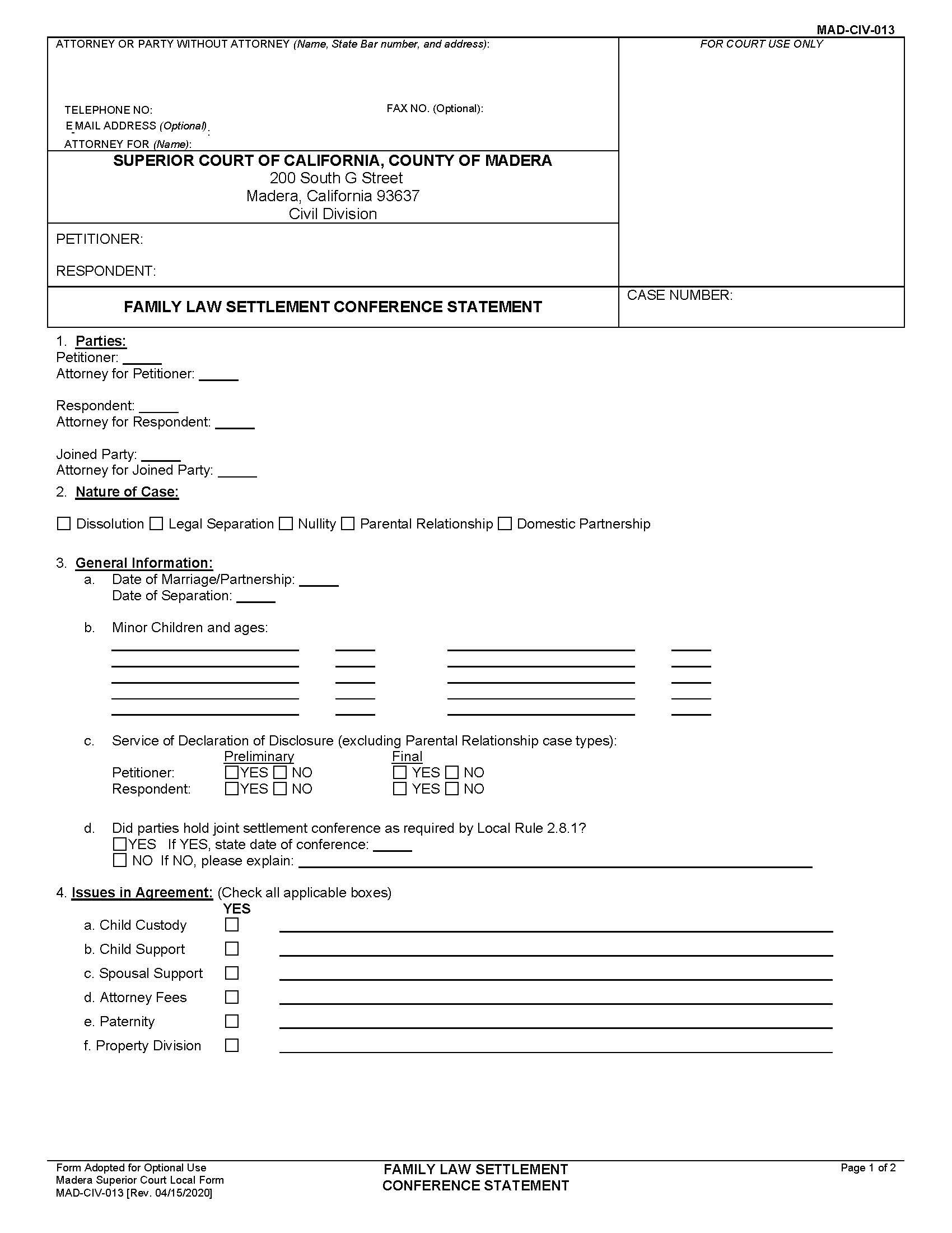 Family Law Settlement Conference Statement {MAD-CIV-0013} | Pdf Fpdf Docx | California