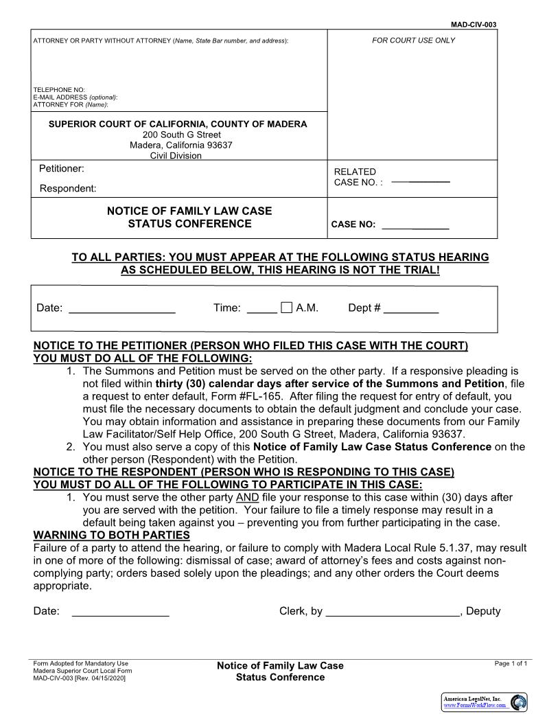Notice Of Family Law Case Status Conference {MAD-CIV-0003} | Pdf Fpdf Docx | California