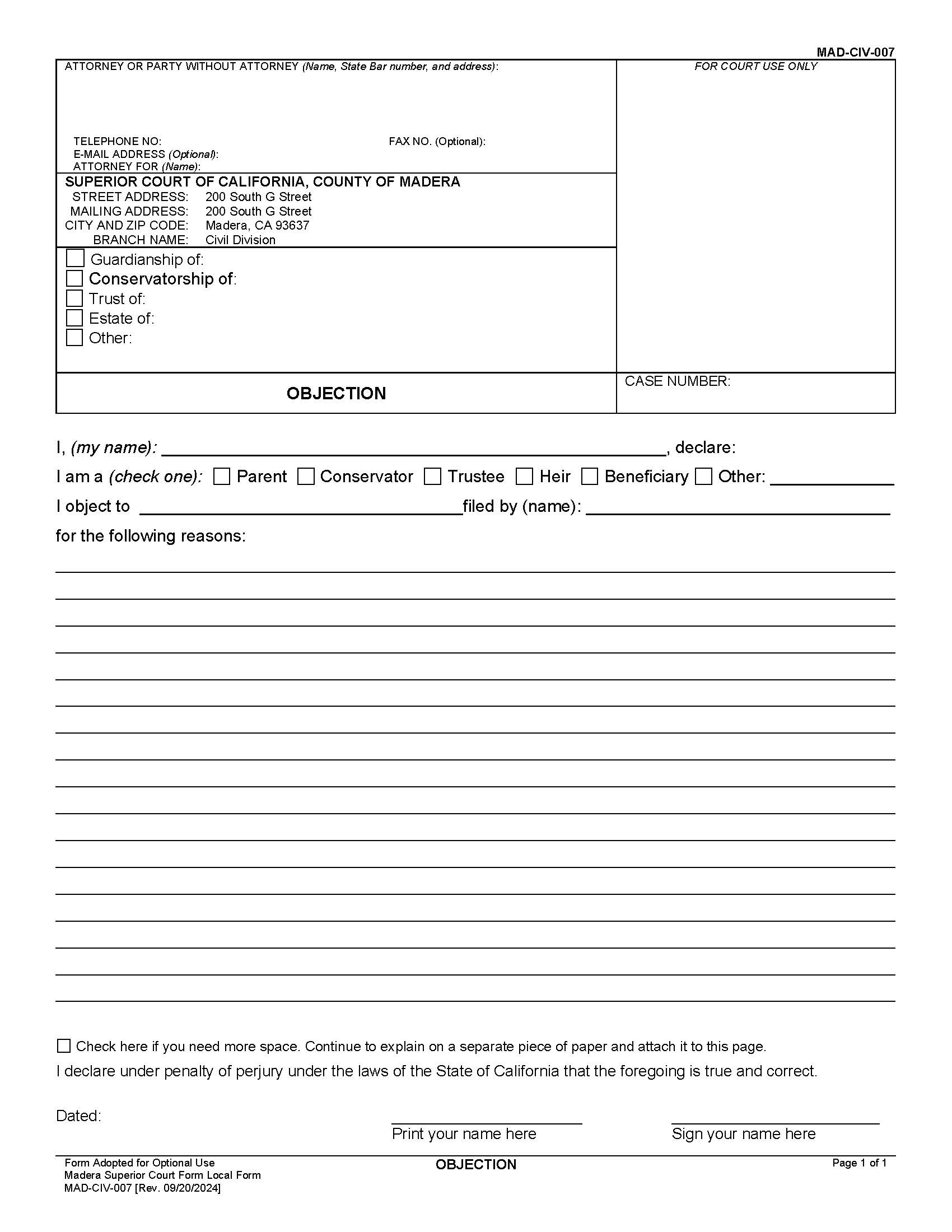 Objection To Guardianship {MAD-CIV-007} | Pdf Fpdf Docx | California