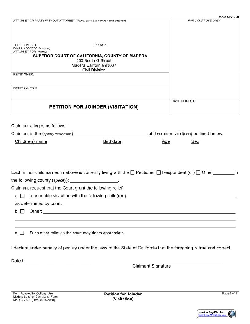 Petition For Joinder (Custody-Visitation) {MAD-CIV-0009} | Pdf Fpdf Docx | California