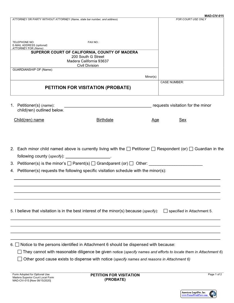 Petition For Visitation (Probate) {MAD-CIV-015} | Pdf Fpdf Docx | California