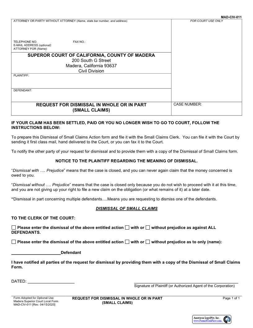 Request For Dismissal {MAD-CIV-0011} | Pdf Fpdf Docx | California