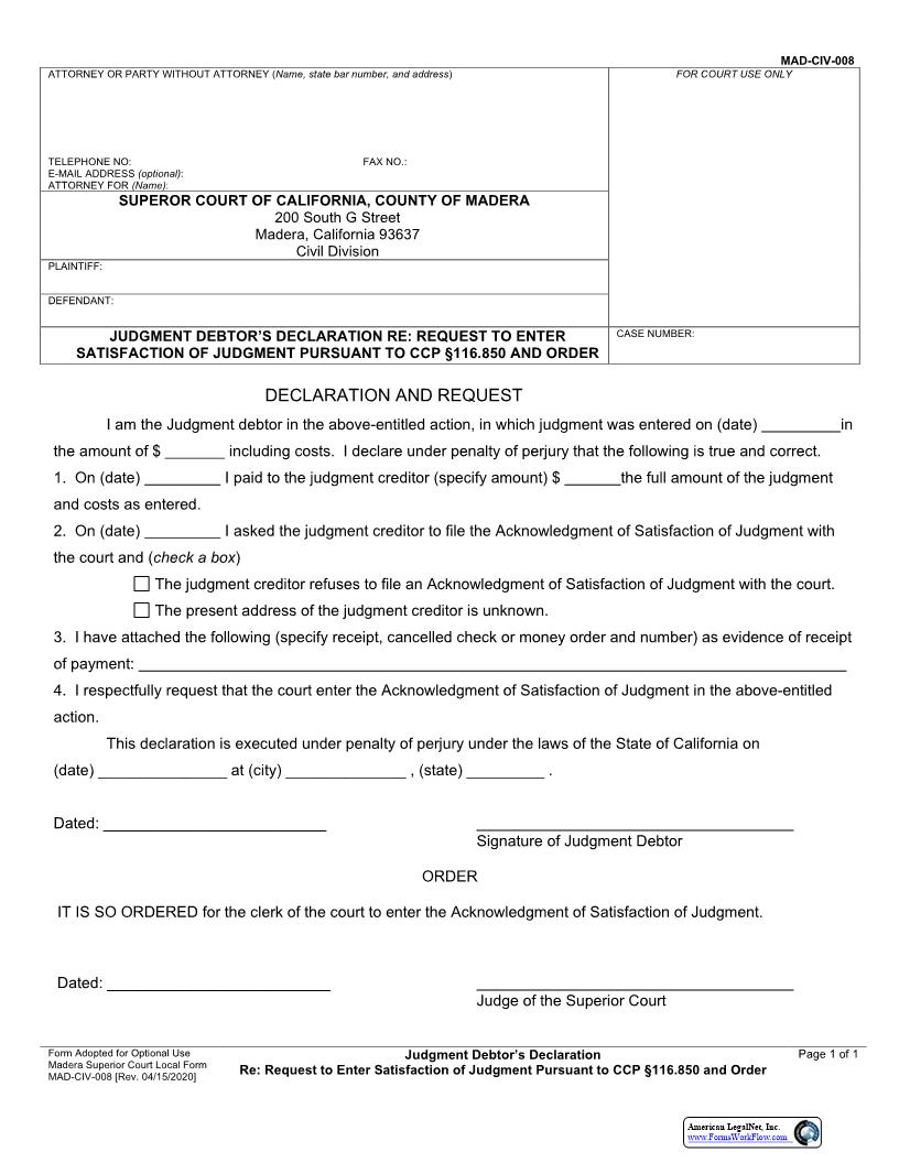 Request To Enter Satisfaction Of Judgment (Debtors Declaration Re) {MAD-CIV-0008} | Pdf Fpdf Docx | California