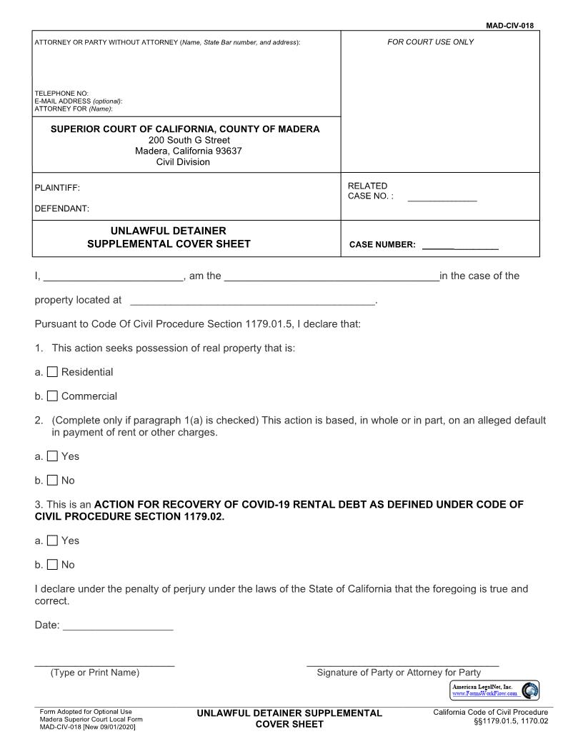 Unlawful Detainer Supplemental Cover Sheet {MAD-CIV-018} | Pdf Fpdf Docx | California