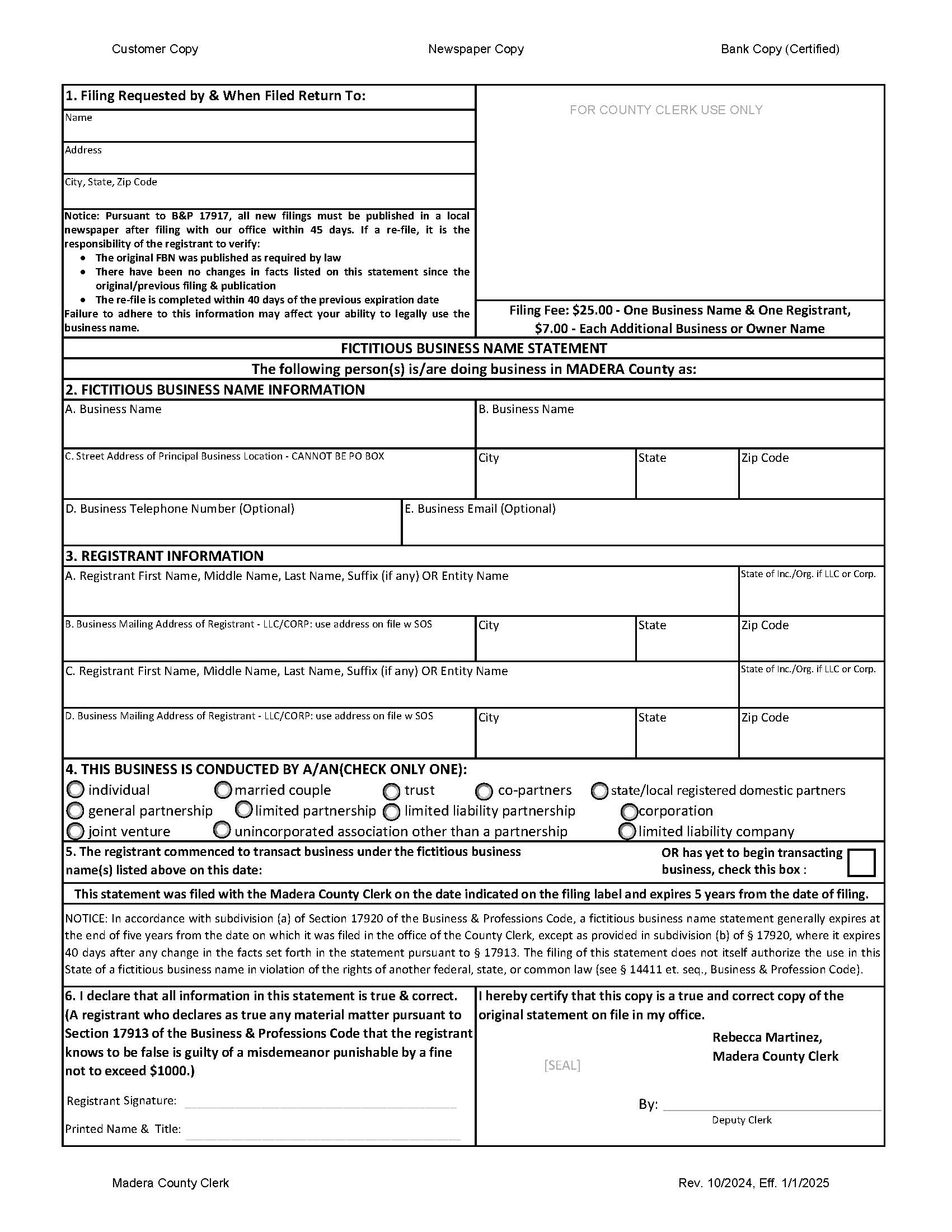 Fictitious Business Name Statement (Madera County) | Pdf Fpdf Docx | California