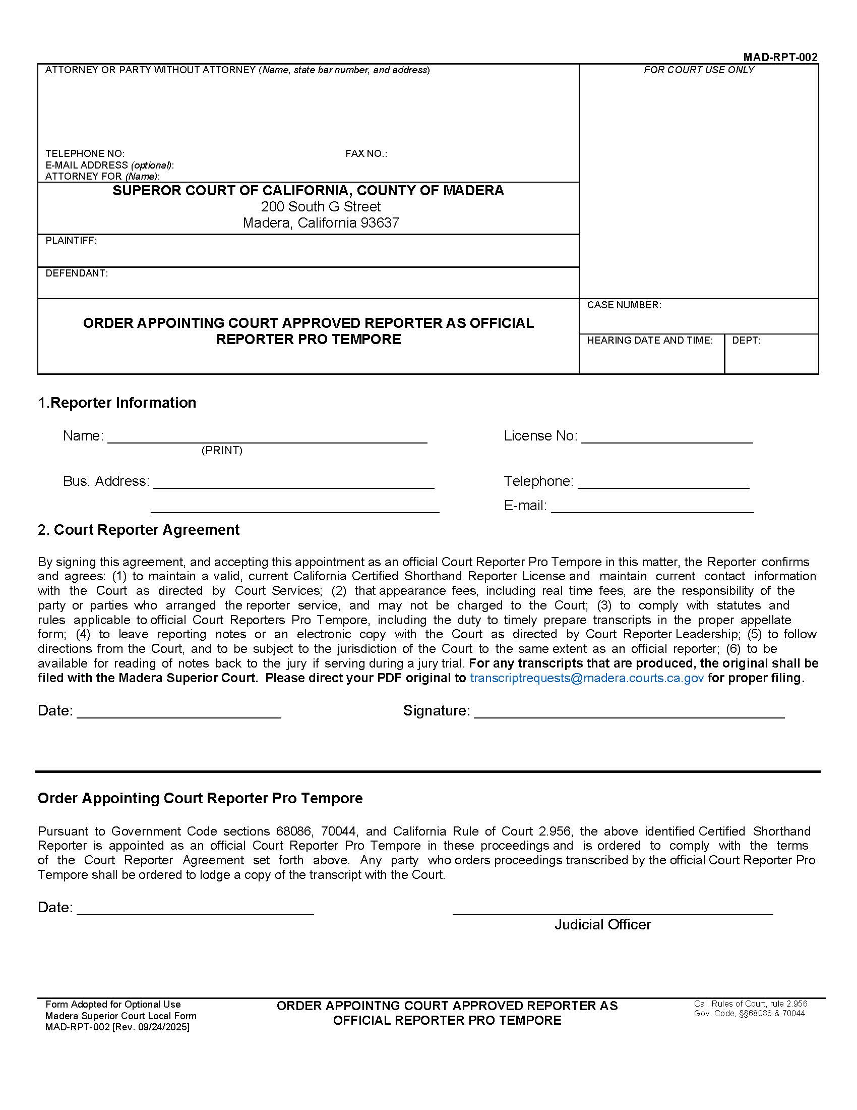 Order Appointing Court-Approved Official Reporter Pro Tempore {MAD-RPT-002} | Pdf Fpdf Docx | California