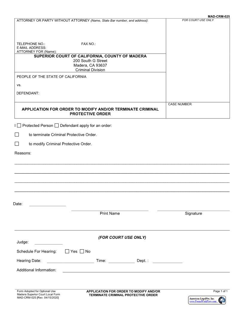 Application For Order To Modify And Or Terminate Criminal Protective Order {MAD-CRM-025} | Pdf Fpdf Docx | California