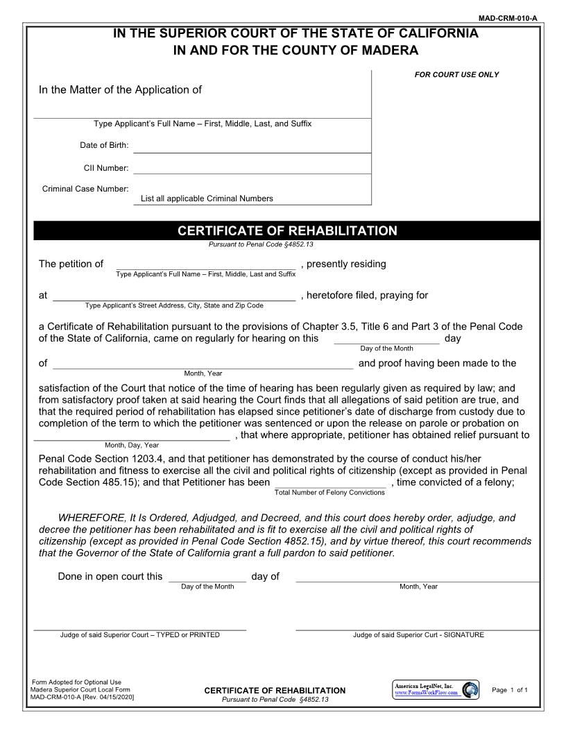 Certificate Of Rehabilitation {MAD-CRM-0010-A} | Pdf Fpdf Docx | California