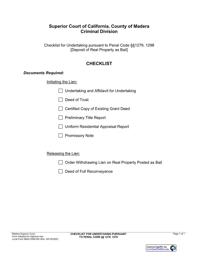 Checklist For Undertaking {MAD-CRM-0005} | Pdf Fpdf Docx | California