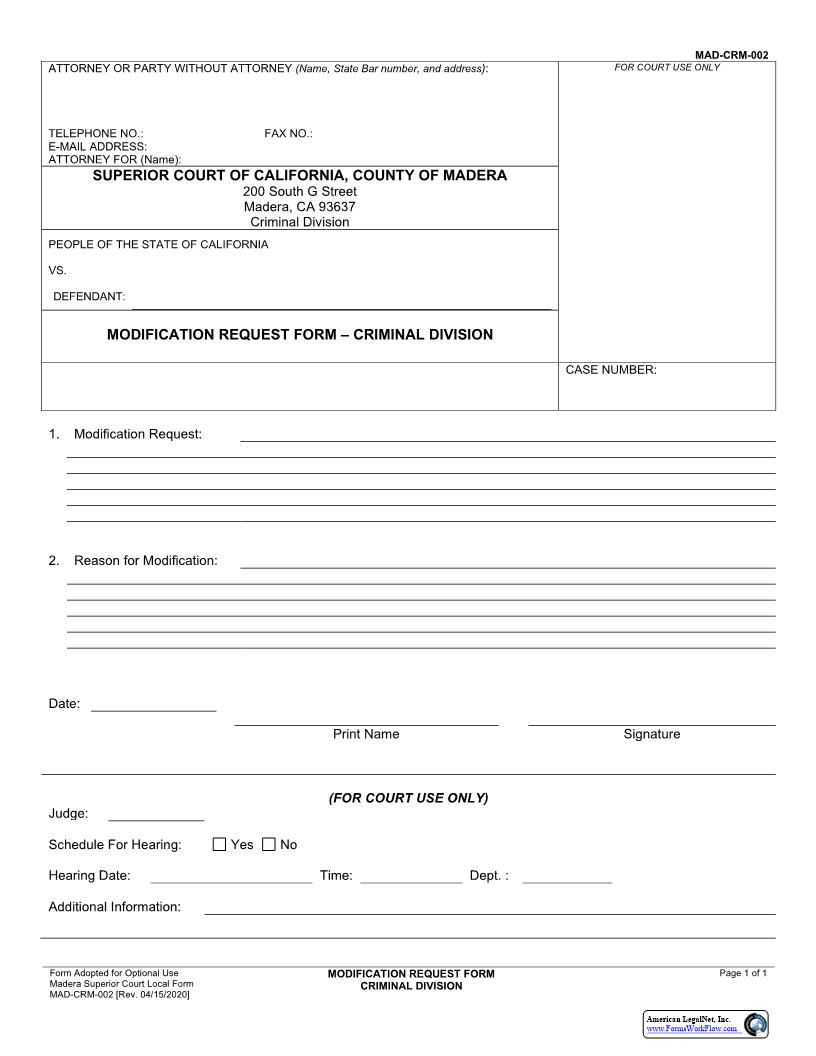 Modification Request Form-Criminal Division {MAD-CRM-0002} | Pdf Fpdf Docx | California