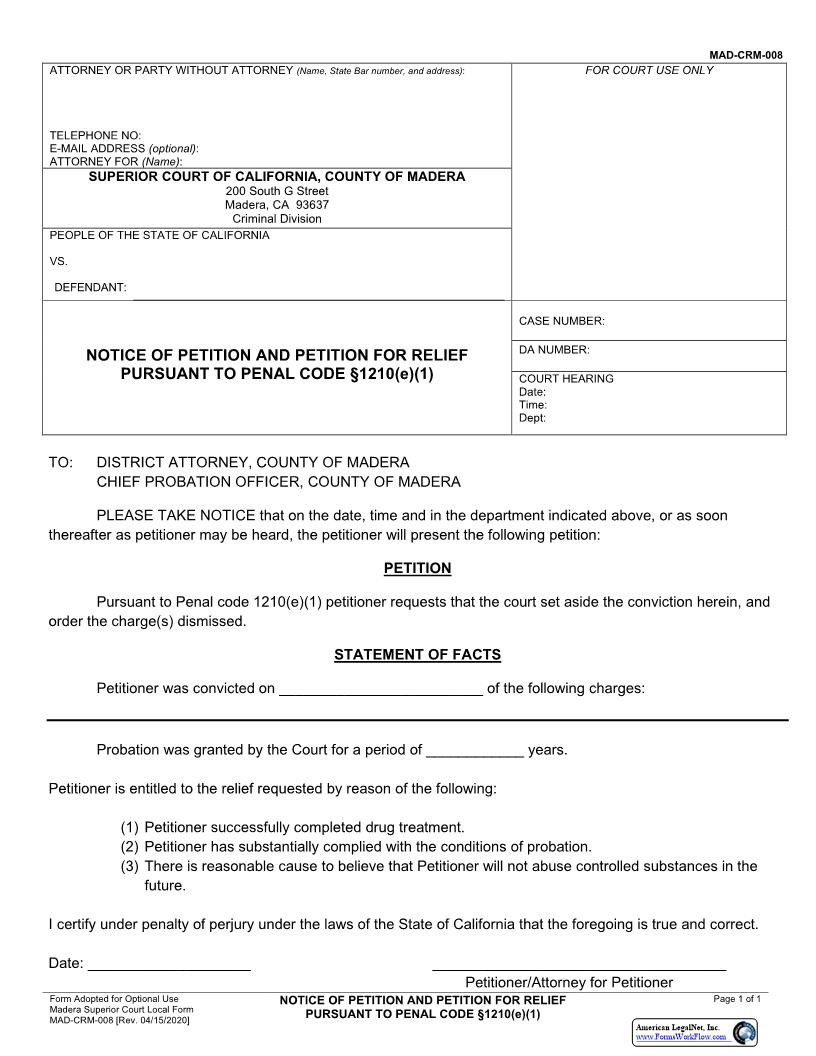 Notice Of Petition And Petition For Relief {MAD-CRM-0008} | Pdf Fpdf Docx | California