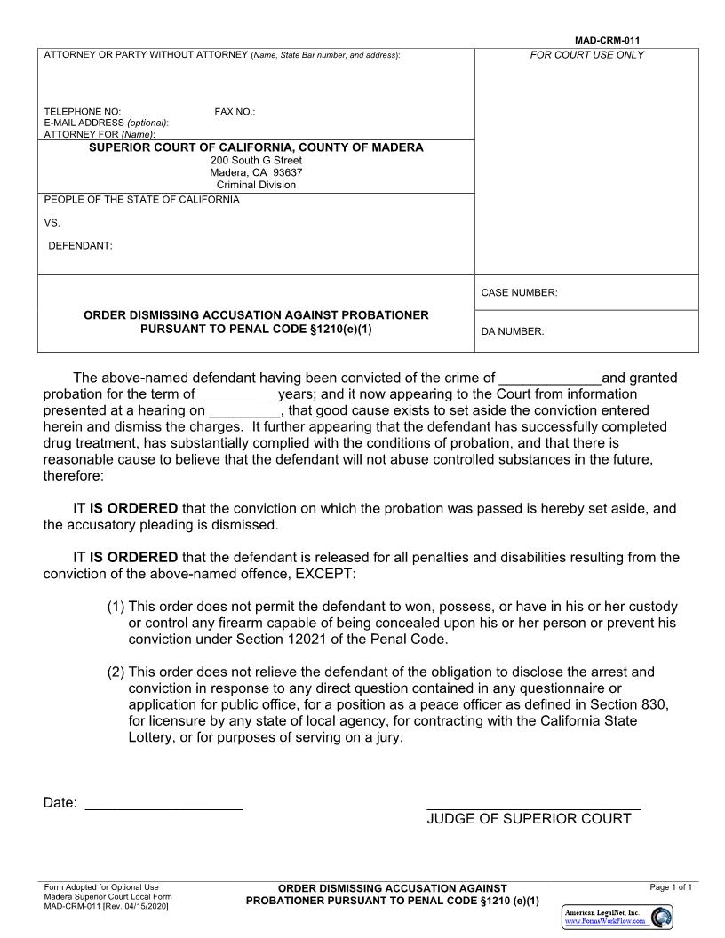 Order Dismissing Accusation Against Probationer {MAD-CRM-0011} | Pdf Fpdf Docx | California